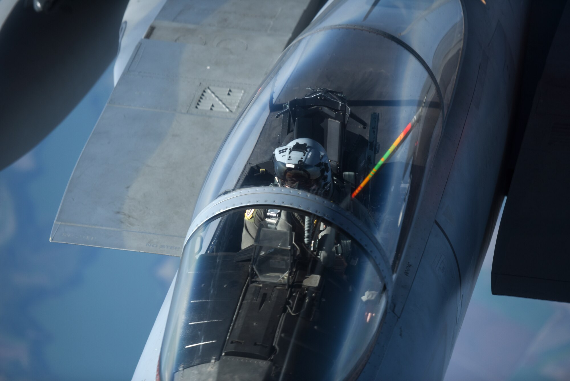 A U.S. Air Force F-15C Eagle assigned to RAF Lakenheath, England, prepares to receive fuel from a KC-135 Stratotanker from the 100th Air Refueling Wing, RAF Mildenhall, England, in support of exercise One Sky, over Poland Sept. 20, 2018. With the U.S. regularly conducting training with NATO allies and partners in the region, One Sky demonstrates the U.S. commitment to the NATO alliance and enhancing regional security. (U.S. Air Force photo by Airman 1st Class Brandon Esau)