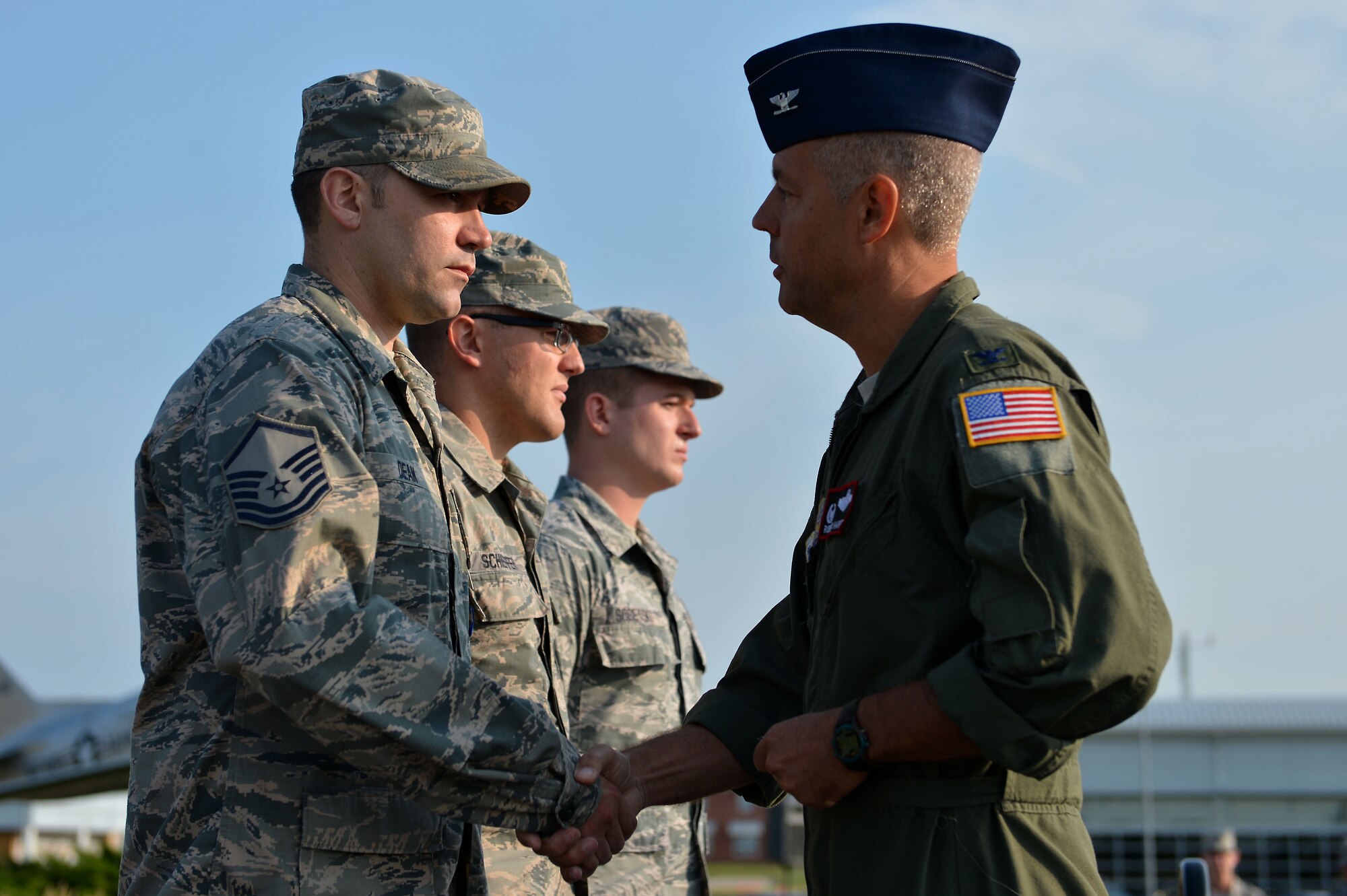 Master Sgt. Jeremy Dean, the recruiting and retention manager for the 170th Training Group, receives the Nebraska National Guard Commendation Medal Aug. 5, 2018, at the Nebraska National Guard air base, Lincoln, Nebraska.
 (U.S. Air Force photo taken by Senior Airman Jamie Titus/ Released)