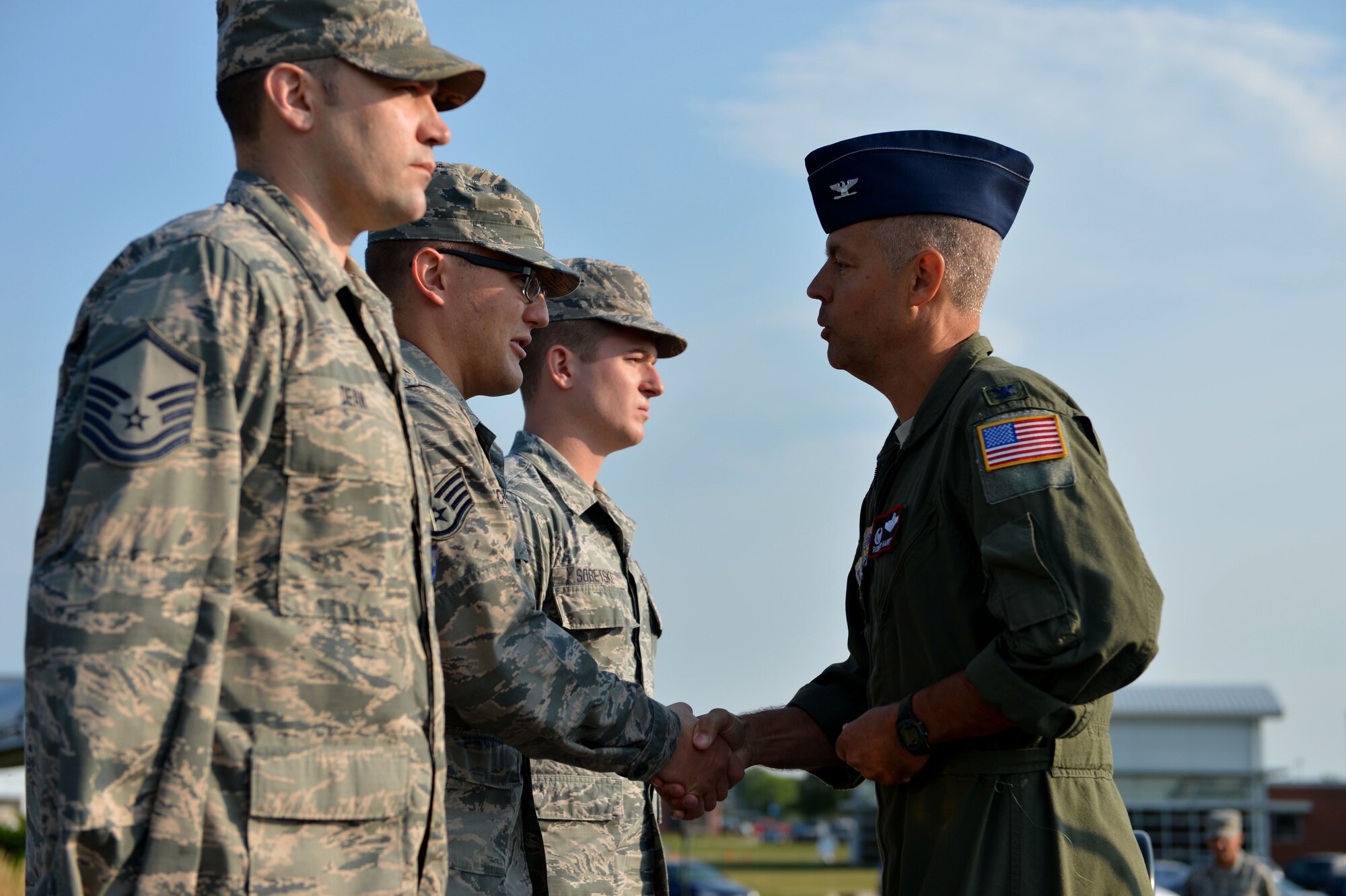 Staff Sgt. Dan Schieffer, an aircraft sortie generating crew chief with the 155th Maintenance Group, recieves the Nebraska National Guard Commendation Medal Aug. 5, 2018, at the Nebraska National Guard air base, Lincoln, Nebraska. 
 (U.S. Air Force photo taken by Senior Airman Jamie Titus/ Released)