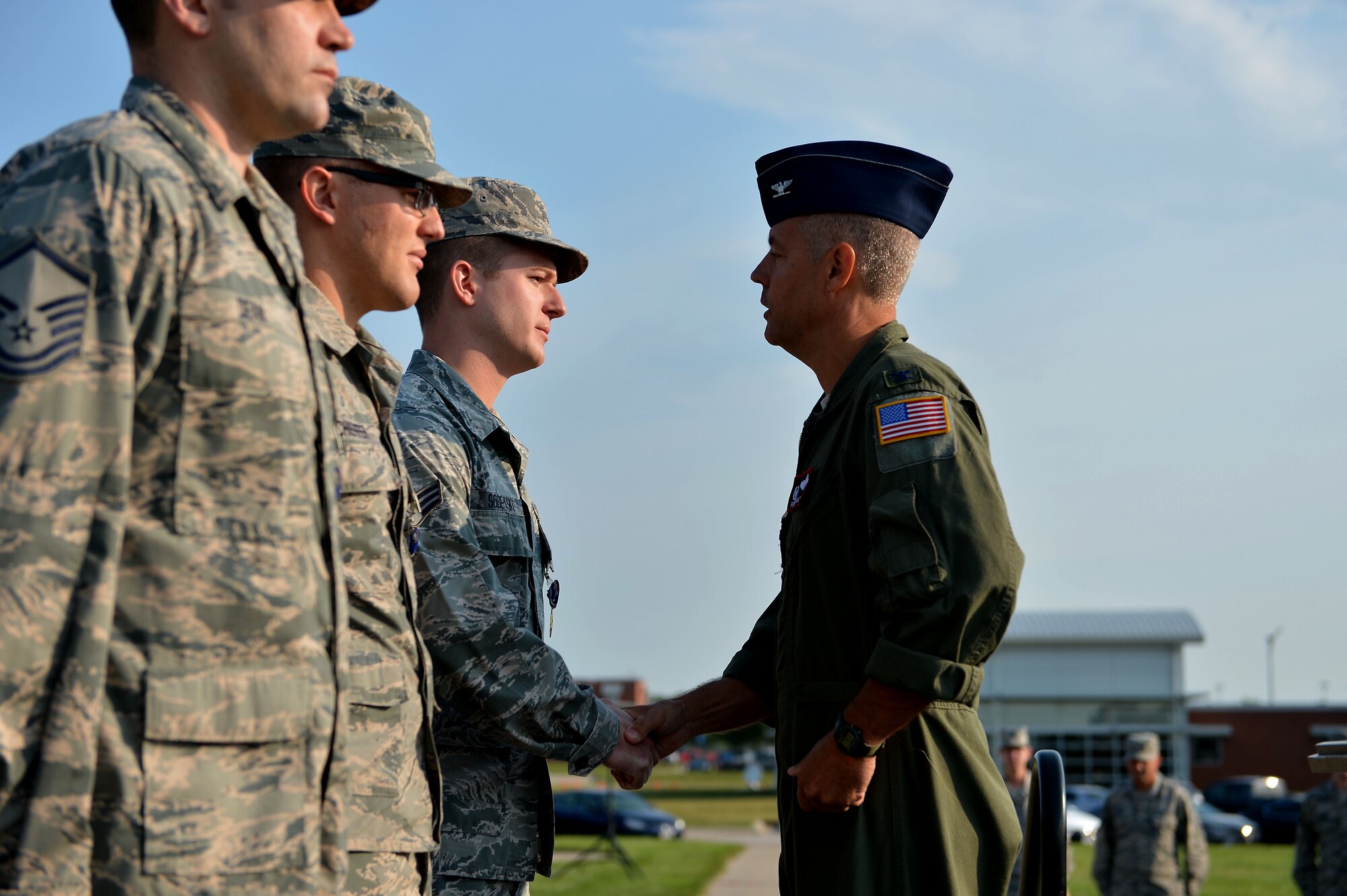 Senior Airman Jonathan Sobetski, a command post controller with the 155th Air Refueling Wing, recieves the Nebraska National Guard Commendation Medal Aug. 5, 2018, at the Nebraska National Guard air base, Lincoln, Nebraska. 
 (U.S. Air Force photo taken by Senior Airman Jamie Titus/ Released)