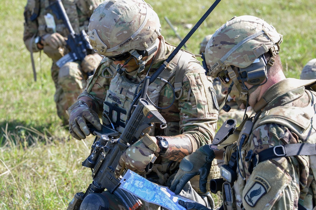 A soldier uses an Integrated Tactical Network system during air assault training.