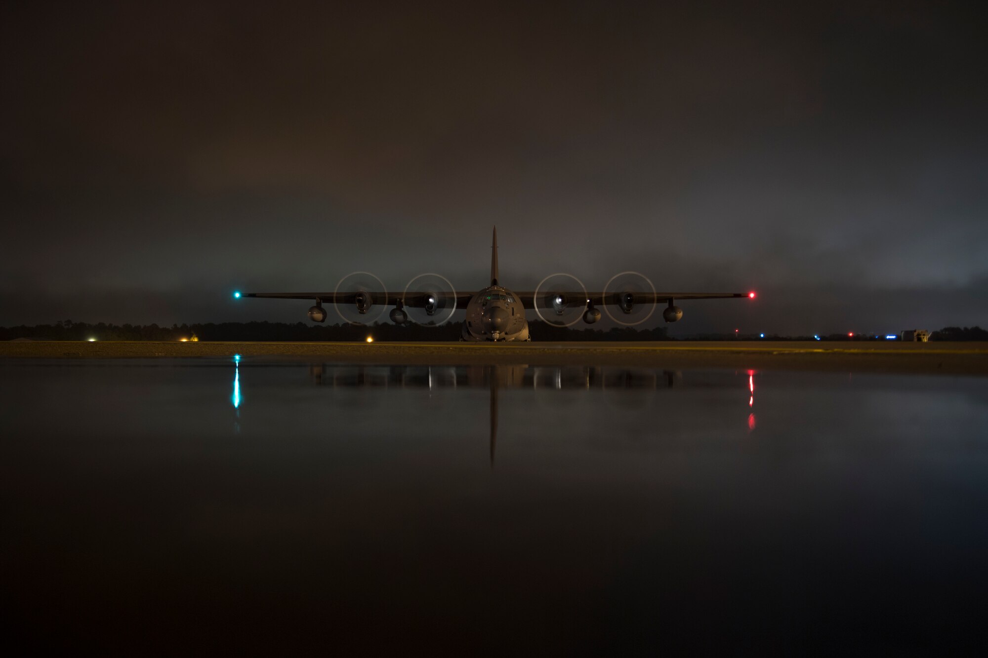 An HC-130J Combat King II assigned to the 334th Air Expeditionary Group prepares to return to Moody Air Force Base, Ga., after dropping off personnel and equipment pre-positioned to provide relief in the wake of Hurricane Florence, Sept. 15, 2018, at Joint Base Charleston, S.C. The 334th AEG is an expeditionary search and rescue unit comprised of 23rd Wing and 920th Rescue Wing personnel and assets ready to perform surface, fixed wing and rotary SAR operations when needed. (U.S. Air Force photo by Staff Sgt. Ryan Callaghan)