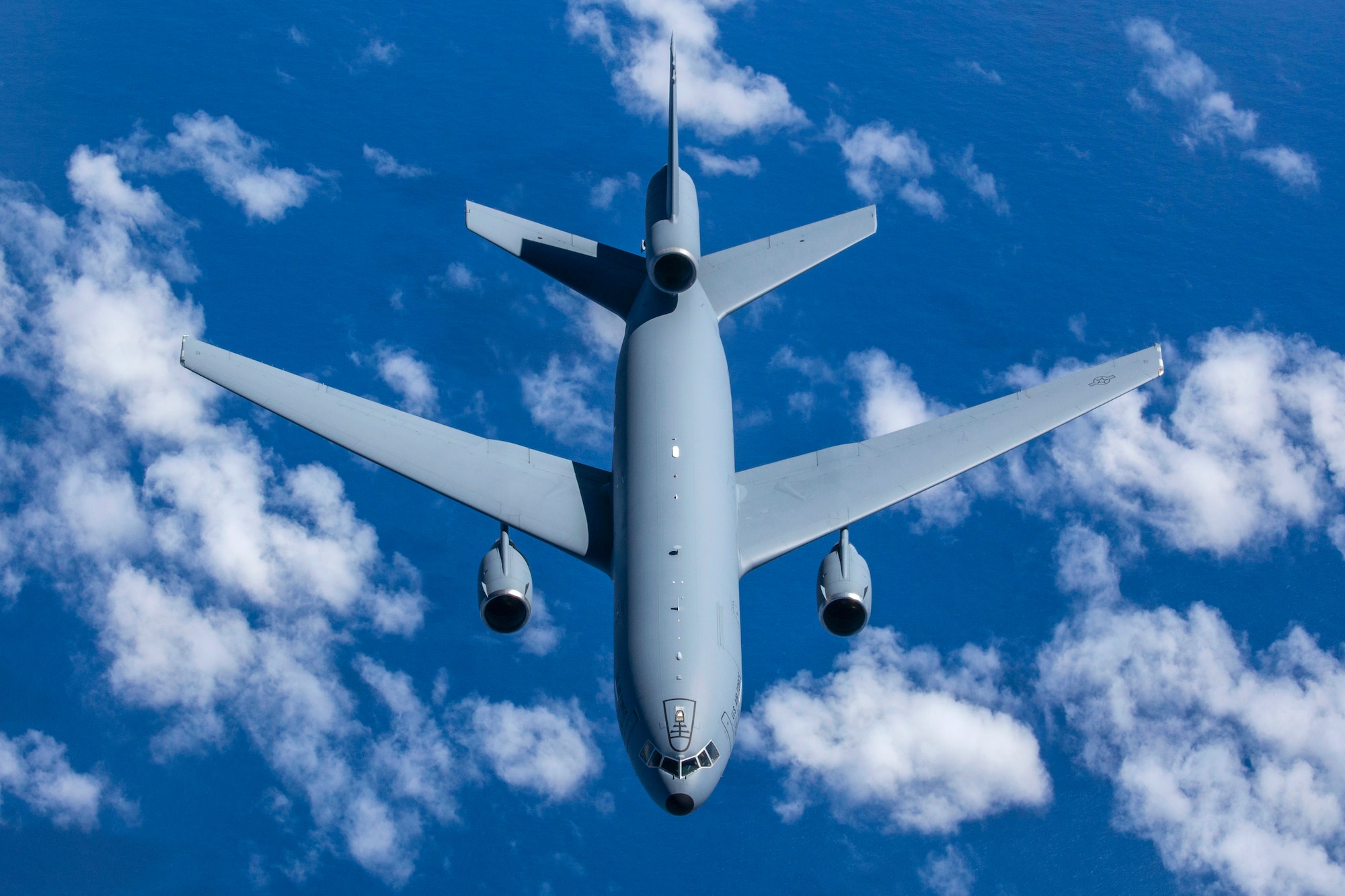 A KC-10 Extender crewed by Reserve Airmen with the 76th Air Refueling Squadron, departs after being refueled by a KC-10 crewed by Airmen with the 78th ARS, both with the 514th Air Mobility Wing, during a training mission over the East Coast Sept. 16, 2018. The 514th AMW is an Air Force Reserve Command unit located at Joint Base McGuire-Dix-Lakehurst, N.J. (U.S. Air Force photo by Master Sgt. Mark C. Olsen)