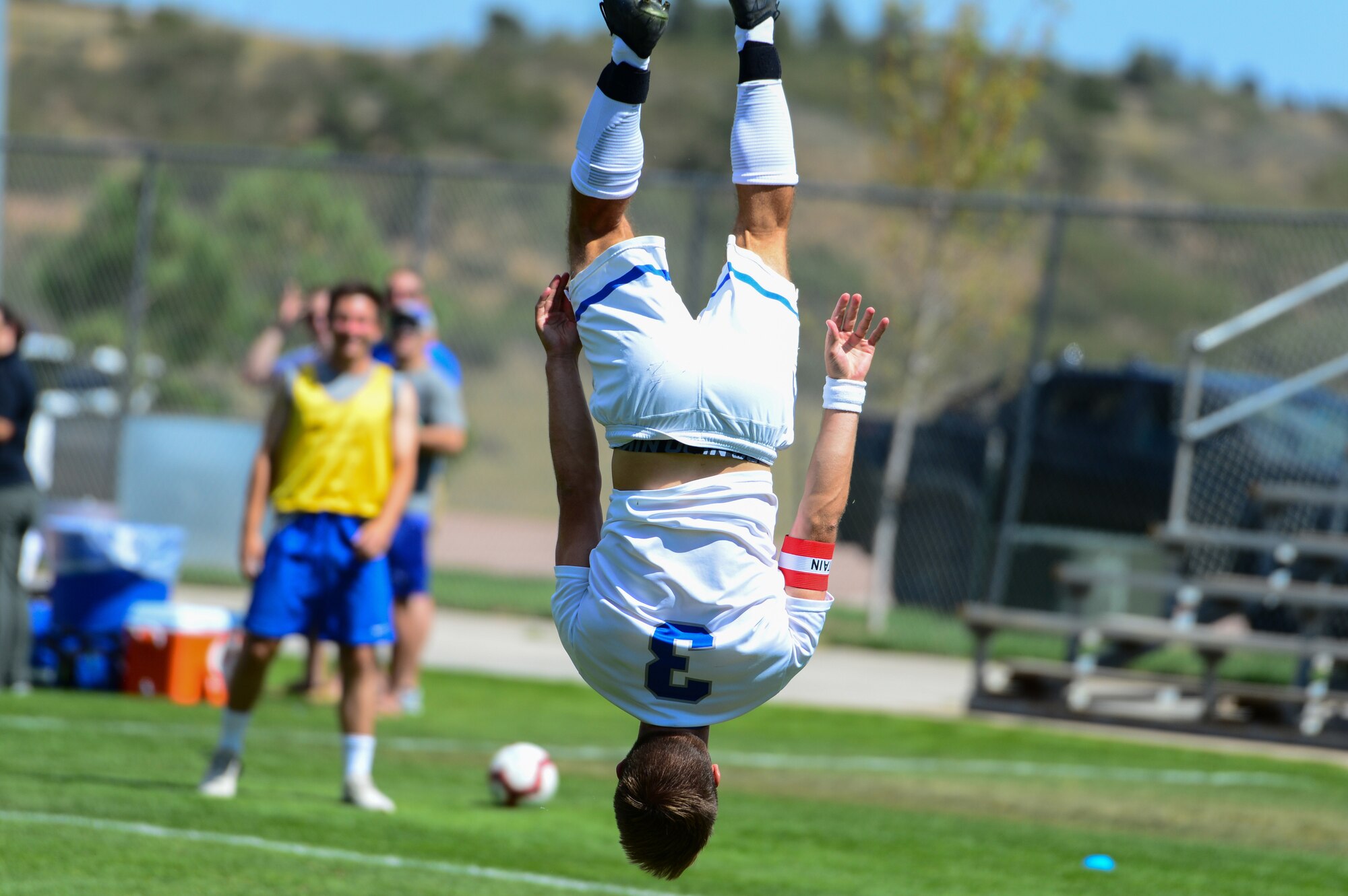 Austin Dewing celebrates a score by performing a backflip during the Sept. 16, 2018, contest against Harvard University at the Cadet Soccer Stadium, at the U.S. Air Force Academy, Colorado Springs, Colo. The 23rd ranked Air Force Falcons defeated the Harvard University Crimson by a score of 6-1. (U.S.Air Force photo by Bill Evans)