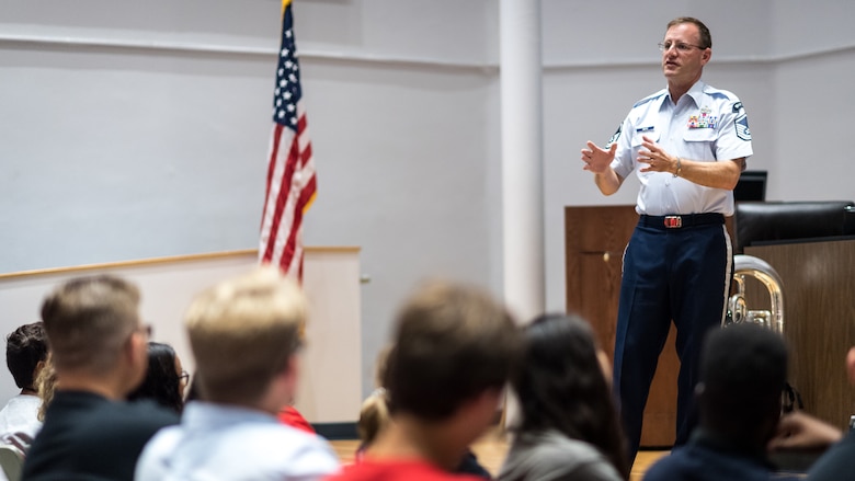 A member of the Gateway Brass, the brass ensemble of the United States Air Force Band of the West, Speaks to Bossier Parish students during a Bossier Instructional Center music workshop in Bossier City, La., Sept. 20, 2018. Gateway Brass is a brass quintet with percussion which proudly showcases military professionalism at Department of Defense ceremonies and entertaining public concerts throughout the Gulf Coast region on behalf of the United States Air Force. This virtuoso group of active duty Airman musicians performs a range of musical styles spanning five centuries