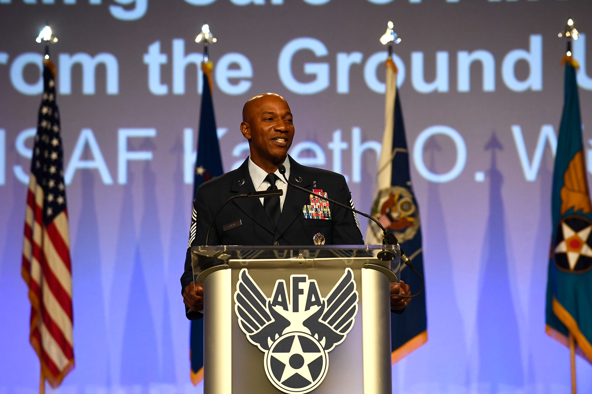 Chief Master Sgt. of the Air Force Kaleth O. Wright gives his speech on resiliency during the Air Force Association Air, Space and Cyber Conference in National Harbor, Md., Sept. 19, 2018. During his remarks, Wright spoke about the importance of Airmen taking care of themselves and each other. (U.S. Air Force photo by Staff Sgt. Rusty Frank)