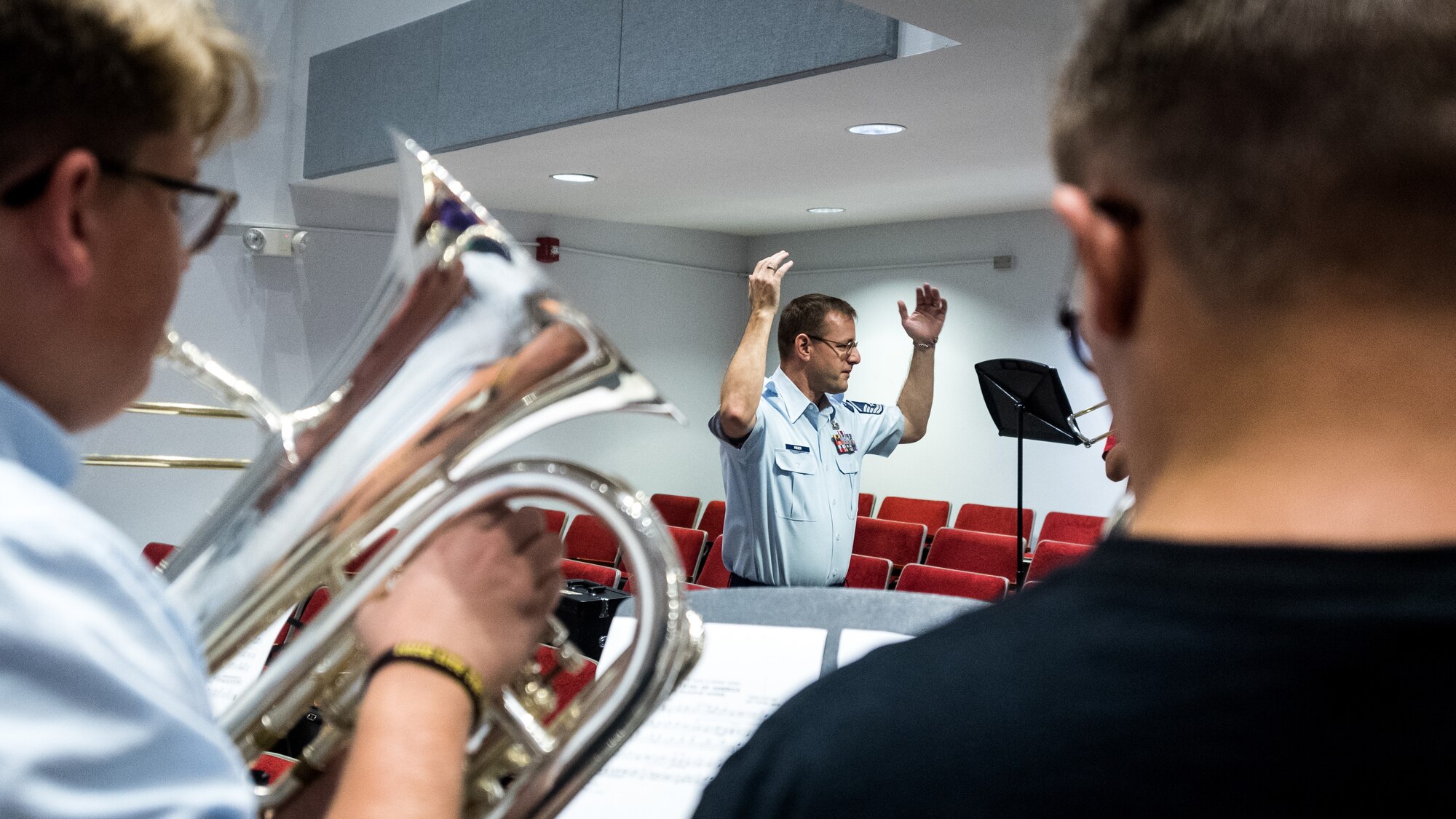 A member of the Gateway Brass, the brass ensemble of the United States Air Force Band of the West, rehearses with Bossier Parish students during a Bossier Instructional Center music workshop in Bossier City, La., Sept. 20, 2018. Students from three different schools in the parish attended the workshop