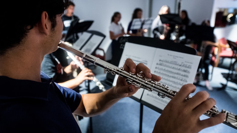 A Bossier Parish student rehearses with members of the Gateway Brass, the brass ensemble of the United States Air Force Band of the West, during a Bossier Instructional Center music workshop in Bossier City, La., Sept. 20, 2018. Students from three different schools in the parish attended the workshop