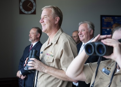 PANAMA CITY, Florida — Naval Surface Warfare Center Panama City Division (NSWC PCD) welcomed Program Executive Officer, Unmanned and Small Combatants Rear Adm. John Neagley and Program Manager, Mine Warfare (PMS495) Capt. Danielle George Sept. 20, 2018. During the visit, Neagley and George learned how NSWC PCD is expanding the Navy's advantage through mine warfare and various other command mission areas. U.S. Navy photo by Eddie Green