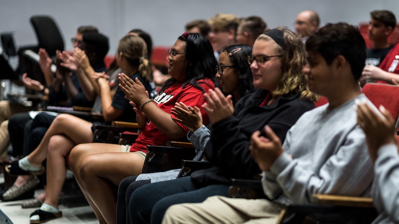 Bossier Parish students applaud members of the Gateway Brass, the brass ensemble of the United States Air Force Band of the West, during a Bossier Instructional Center music workshop in Bossier City, La., Sept. 20, 2018. Students from three different schools in the parish attended the workshop