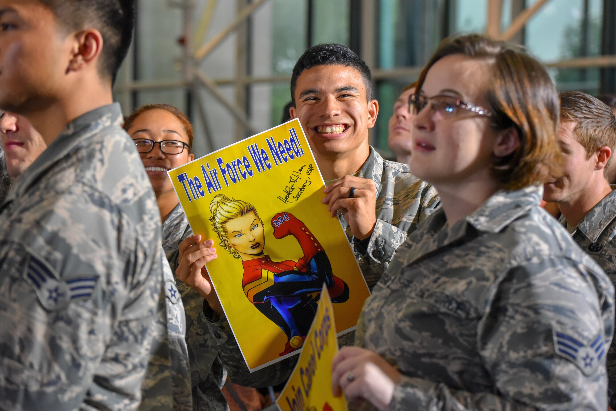 Air Force District of Washington Airmen celebrated the Air Force’s 71st birthday by attending a special screening of the Captain Marvel trailer at the National Air and Space Museum, Smithsonian Institution, hosted by Good Morning America Sept. 18, 2018. As the first female character to headline a Marvel franchise, Capt. Carol Danvers (actress Brie Larson) exemplifies the barrier-breaking spirit found in every generation of Airmen going back to 1947. (U.S. Air Force photo by 2nd Lt Jessica Cicchetto)