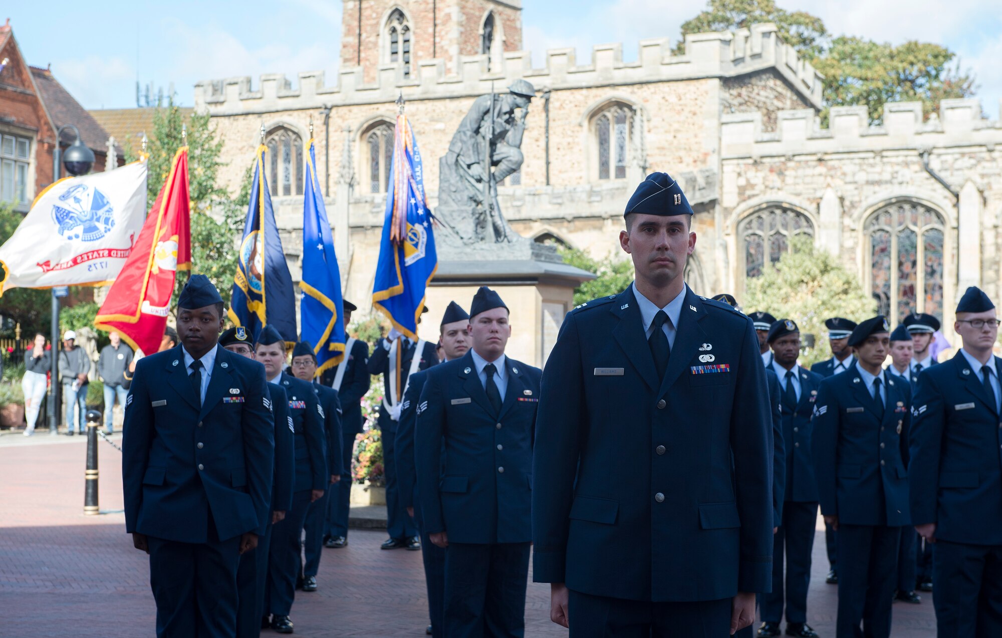 U.S. Air Force Airmen from the 501st Combat Support Wing march through the town of Huntingdon, United Kingdom, during a Freedom of Huntingdon ceremony on Sept. 21, 2018. The unit was bestowed the honor of receiving the Freedom of Huntingdon in recognition of the friendship that exists between the town and the 501st CSW. (U.S. Air Force photo by Senior Airman Chase Sousa)