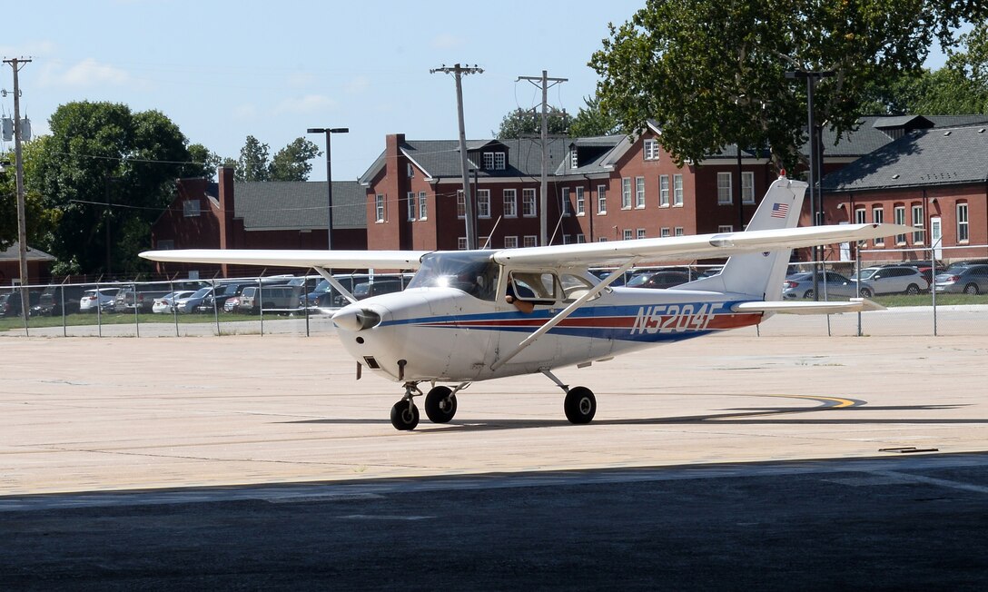 U.S. Air Force Lt. Col. Timothy Hall, U.S. Strategic Command training branch chief, parks Cessna 172 aircraft Sept. 14, 2018, at the LeMay Aero Club on Offutt Air Force Base, Nebraska. After becoming certified pilots are qualified to rent planes from the club to travel anywhere in the lower 48 states with friends or family, under Visual Flight Rule restrictions. (U.S. Air Force photo by Charles J. Haymond)