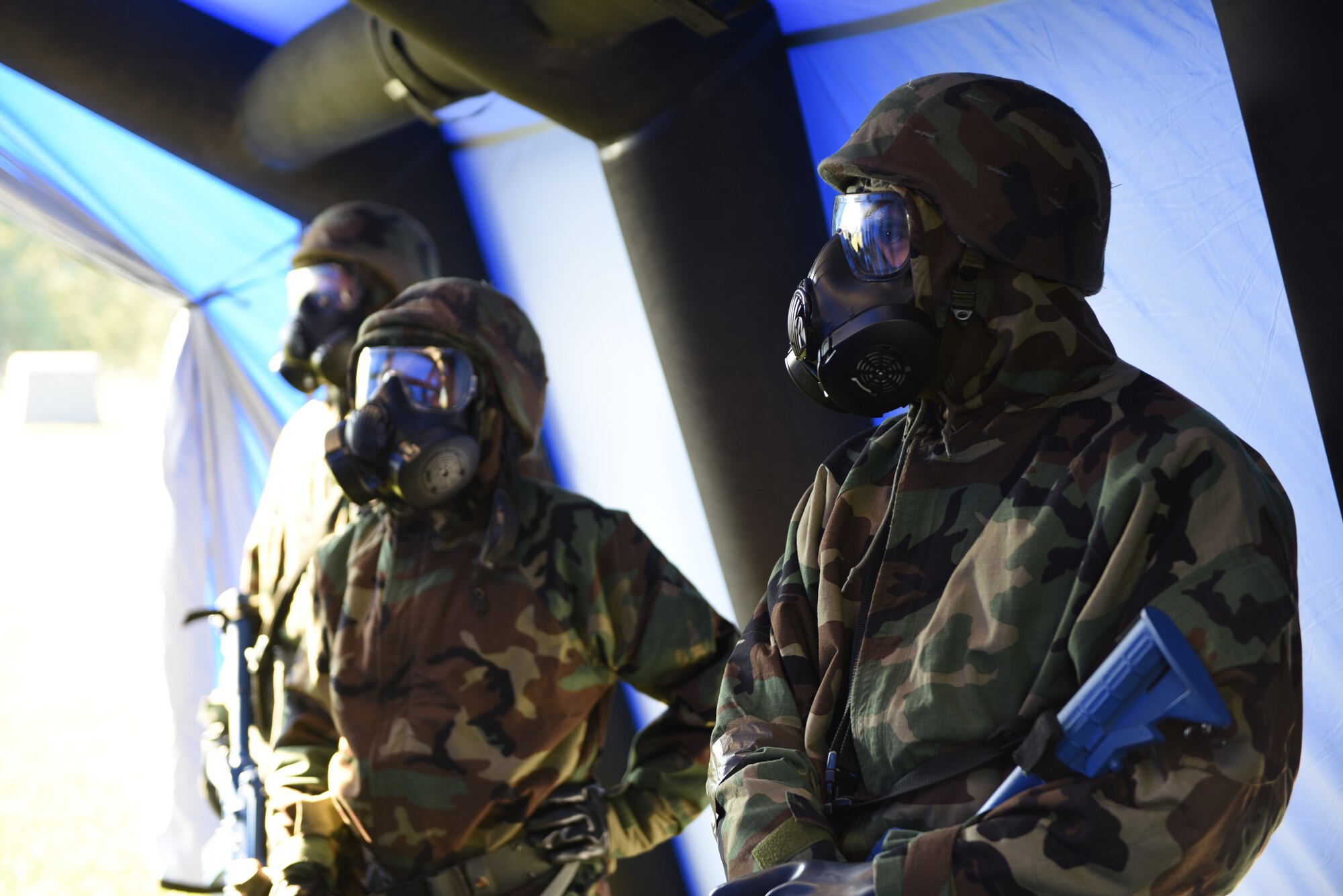 Airmen assigned to the 14th Flying Training Wing participate in an Operational Readiness Exercise: Ability to Survive and Operate course Sept. 19, 2018, on Columbus Air Force Base, Mississippi. ATSO teaches Airmen how to properly use Mission Oriented Protective Posture gear and check for faulty equipment. (U.S. Air Force photo by Airman 1st Class Beaux Hebert)