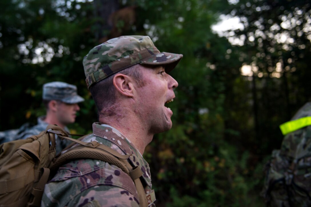 2nd Lt. Daniel Walker, 823d Base Defense Squadron flight commander, calls out jodies during the POW/MIA Recognition Day ruck march, Sept. 21, 2018, at Moody Air Force Base, Ga. In 1979, the United States Congress passed a resolution authorizing National POW/MIA Recognition Day to be observed together with the national effort of bringing isolated personnel home. For the first-time, the 347th Operations Support Squadron hosted a ruck march to pay tribute to those who’ve been captured or missing in the line of duty by carrying a POW/MIA flag for 24 hours. (U.S. Air Force photo by Airman 1st Class Erick Requadt)