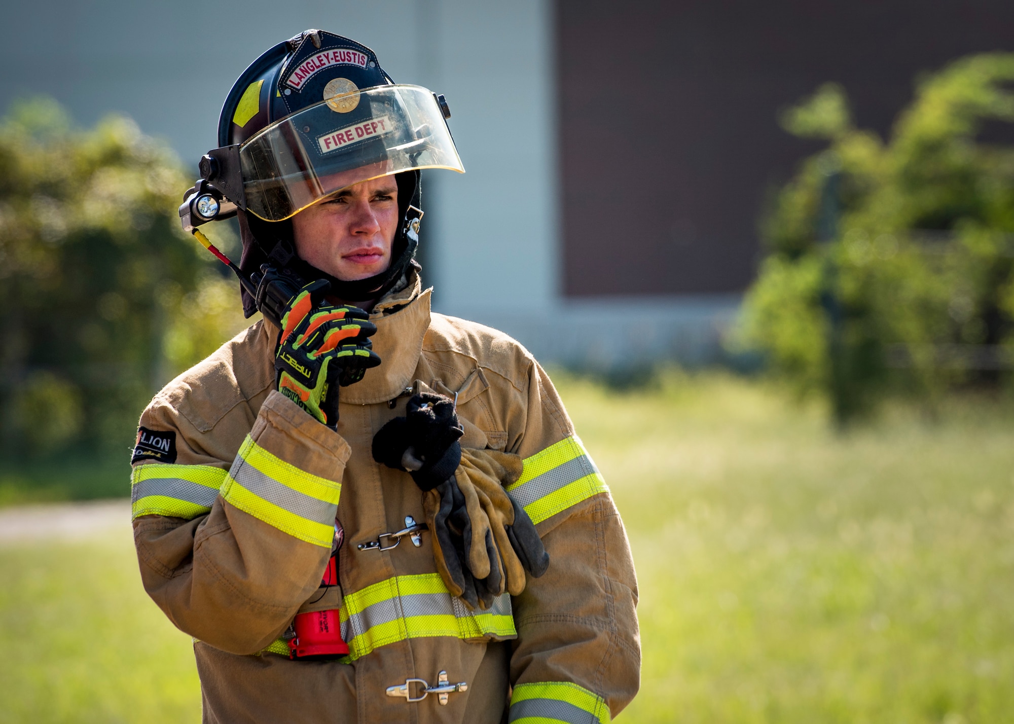 U.S. Air Force Airman 1st Class Todd Wagner, 633rd Civil Engineer Squadron firefighter, participates in a live-fire training exercise at Joint Base Langley-Eustis, Virginia, Sept. 19, 2018.