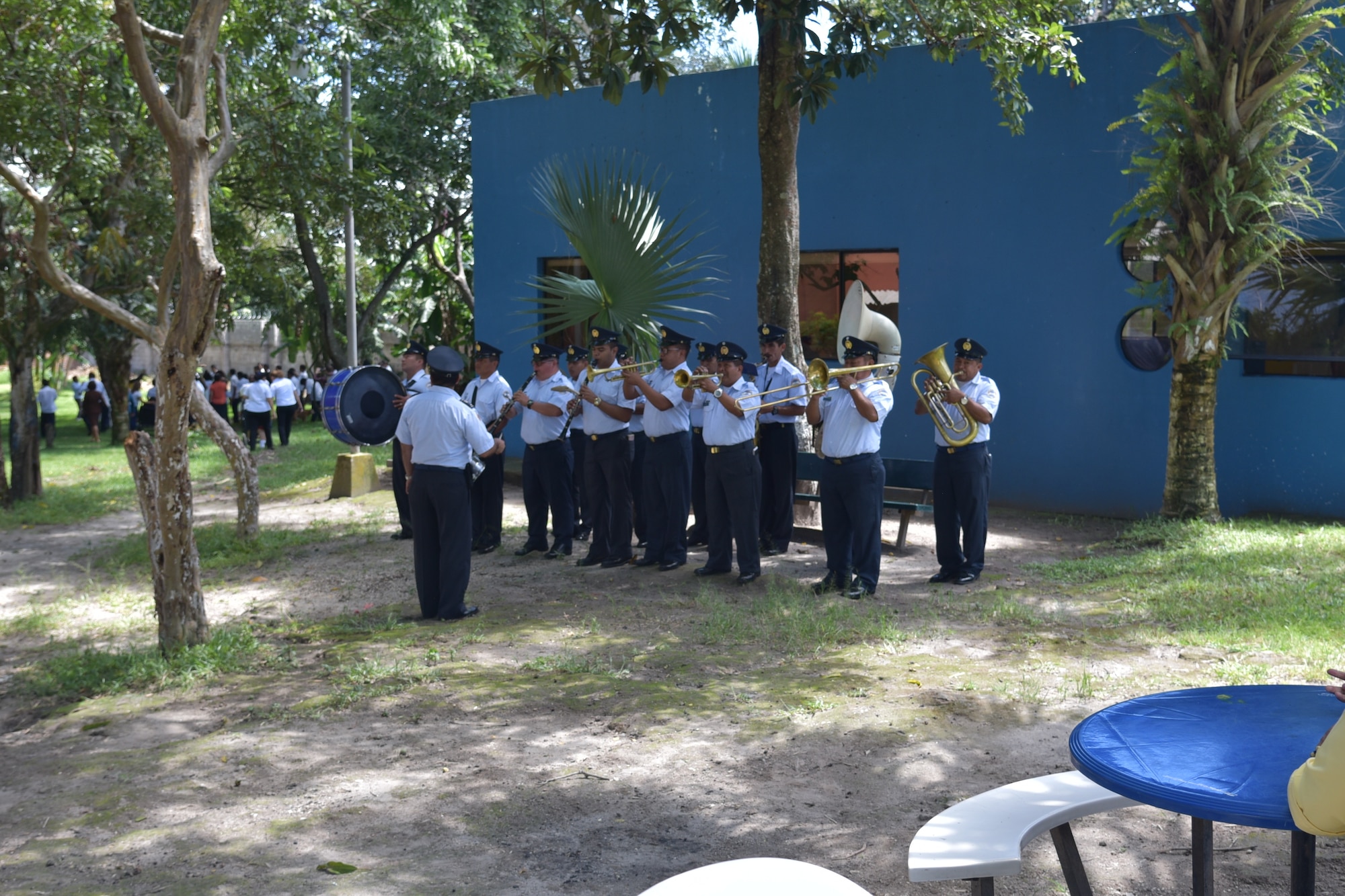 Band members from El Salvadorian Air Force joined efforts with U.S. Air Force Airmen from the 571st Mobility Support Advisory Squadron, out of Travis Air Force Base, Calif., as part of a joint endeavor to give back to the local community of San Martin, located in San Salvador, El Salvador, Sept. 6, 2018. The joint effort was aimed at supporting ISNA, El Salvador’s Institute for Integral Development for Children and Adolescents, which serves approximately 88 children, many of them with mental and physical disabilities. (Courtesy Photo)