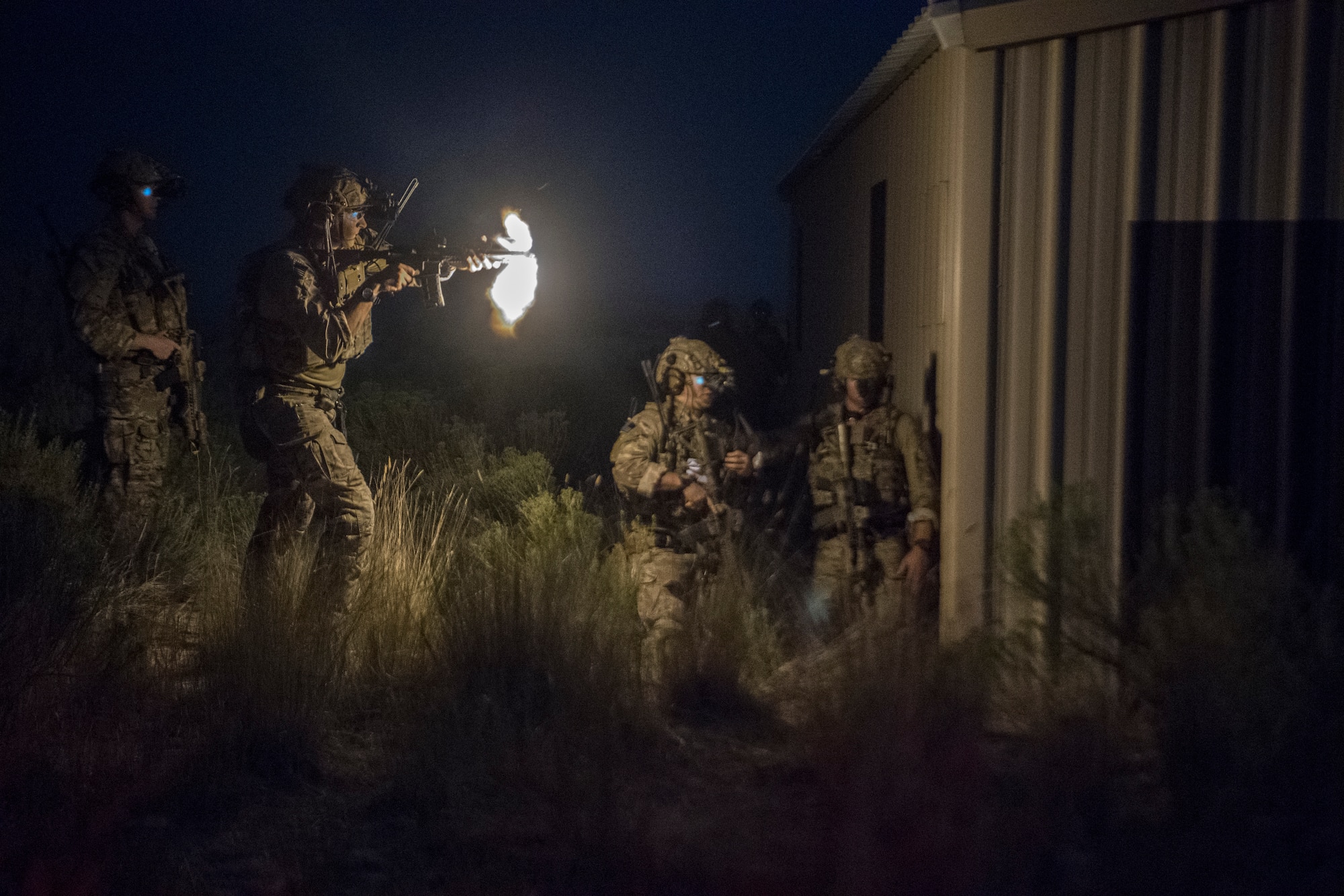 A Special Tactics Airman with the 17th Special Tactics Squadron fires an M4 carbine during Jaded Thunder at Mountain Home Air Force Base, Idaho, Aug. 20, 2018.