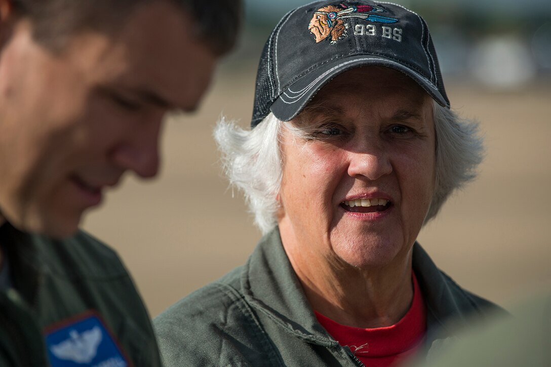 Mrs. Susan Mozena, the daughter of World War I fighter ace Lt. Charles d’Olive, prepares to take an incentive flight in a 93rd Bomb Squadron B-52H Stratofortress,  Sept. 21, 2018 at Barksdale Air Force Base, Louisiana. During World War I, d’Olive was assigned to the 93rd Aero Squadron in France where the current 93rd BS had its beginnings. (U.S. Air Force photo by Master Sgt. Greg Steele)