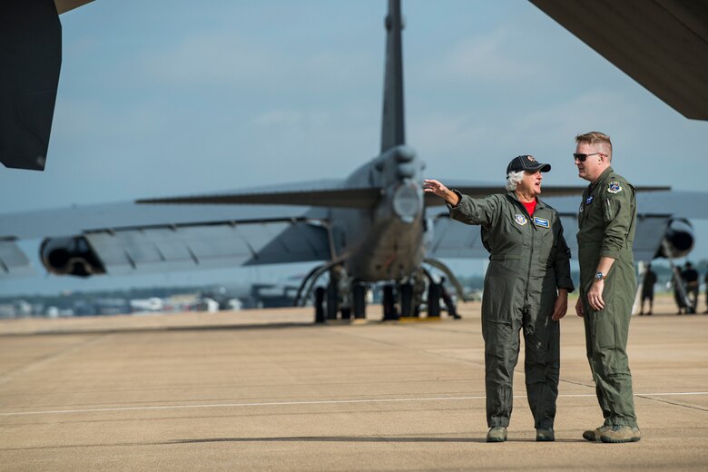 Mrs. Susan d’Olive talks with U.S. Air Force Reserve Lt. Col. Bryan Bailey, 93rd Bomb Squadron commander, prior to a flight on a B-52H Stratofortress, Sept. 21, 2018 at  Barksdale Air Force Base, Louisiana. Mozena’s father, Lt. Charles d’Olive, was a pilot assigned to the 93rd Pursuit Squadron in France during World War I and was the last ace of that conflict. (U.S. Air Force photo by Master Sgt. Greg Steele)