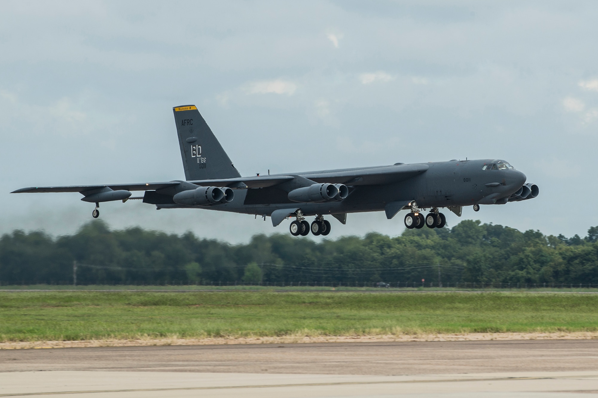 An Air Force Reserve Command B-52H Stratofortress assigned to the 93rd Bomb Squadron, 307th Bomb Wing, takes flight, Sept. 21, 2018 at Barksdale Air Force Base, Louisiana. On board was Susan Mozena, the daughter of Lt. Charles d’Olive, a World War I pilot and ace assigned to the 93rd Aero Squadron in France. (U.S. Air Force photo by Master Sgt. Greg Steele)