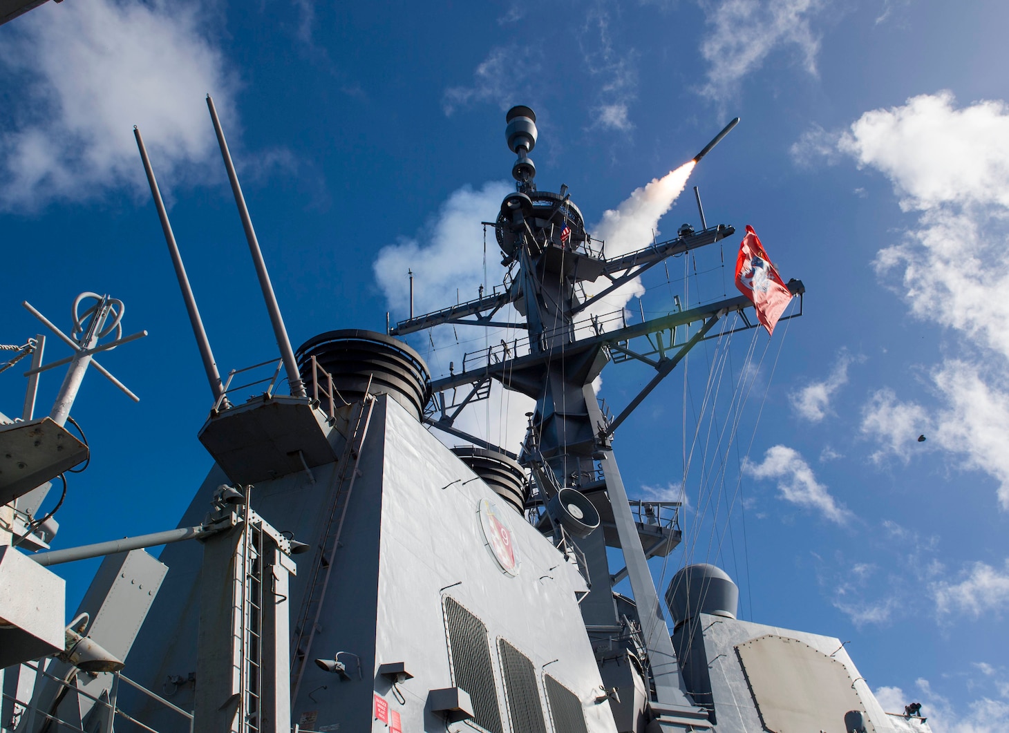 PACIFIC OCEAN (Sept. 18, 2018) A Tomahawk cruise missile launches from the Arleigh Burke-class guided-missile destroyer USS Shoup (DDG 86) during a live fire exercise. Valiant Shield is a U.S. only, biennial field training exercise (FTX) with a focus on integration of joint training in a blue-water environment among U.S. forces.