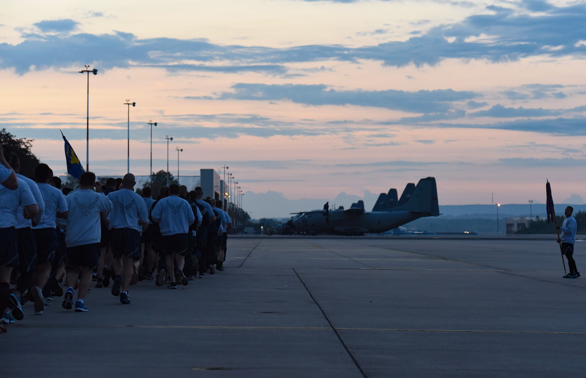 U.S. Airmen conduct a five-kilometer run during Prisoner of War-Missing in Action Remembrance Week on Ramstein Air Base, Germany, Sep. 18, 2018. The Airmen also held a wreath-laying ceremony to honor those who have been captured the enemy or remain unaccounted for. (U.S. Air Force photo by Airman 1st Class Kristoff Rixmann)
