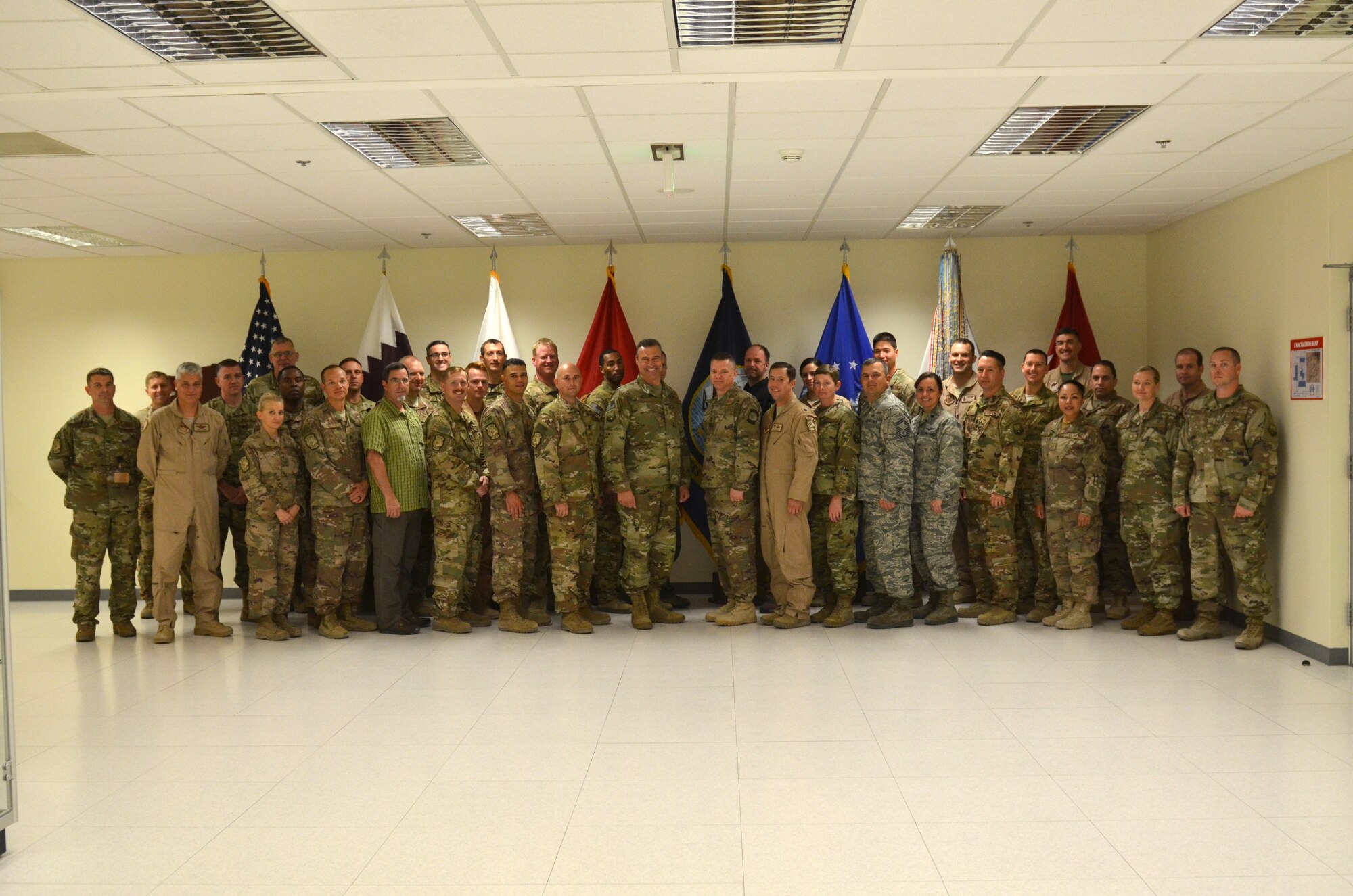 Air Chiefs of Safety Conference attendees pose for a group photograph, Sept. 6, 2018, at Al Udeid Air Base, Qatar. This was the first time coalition members were invited to participate in the biannual conference to build networking opportunities, promote cross-talk and connect chiefs of safety within U.S. Air Forces Central Command. (U.S. Air Force photo by Staff Sgt. Caitlin Conner)
