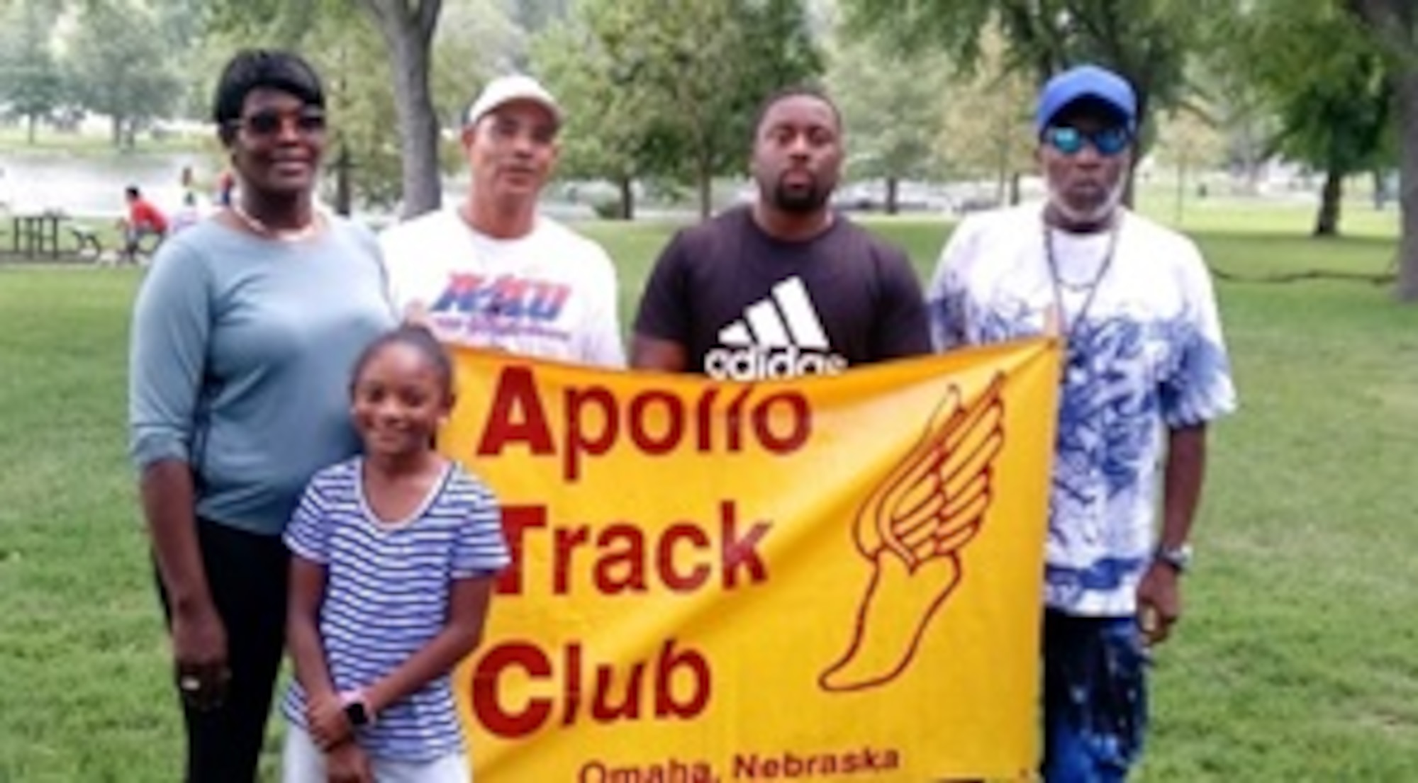 Jaiya Patillo, a Junior Olympian, poses for a photo with her coaches Shunta Paul, left, Nicki Paul, Marlon Brewer, and Elmer "Budgie" Reeves. Patillo does much of her training at Offutt Air Force Base. (Courtesy Photo)