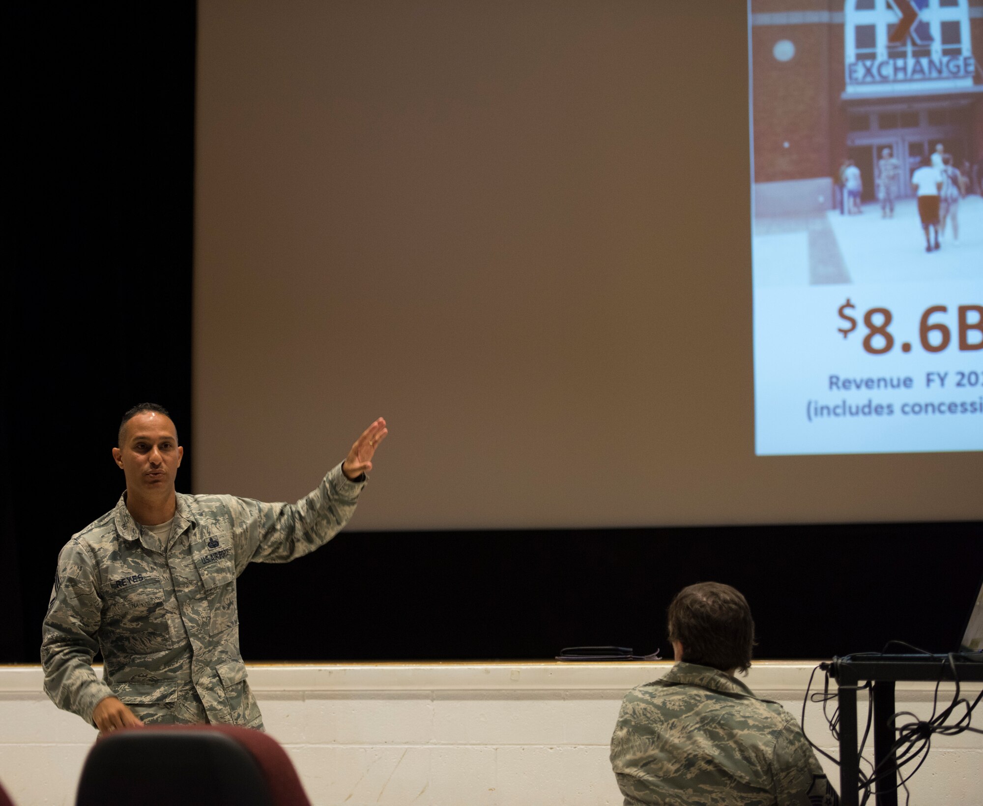Image of Chief Master Sgt. Luis Reyes, Army and Air Force Exchange Service's senior enlisted advisor conducted a town hall meeting, Sept. 19, 2018, at Mountain Home Air Force Base, Idaho. Reyes conducted the town hall meeting to listen to concerns and to recieve feedback from Gunfighters. (U.S. Air Force photo by Senior Airman Alaysia Berry)