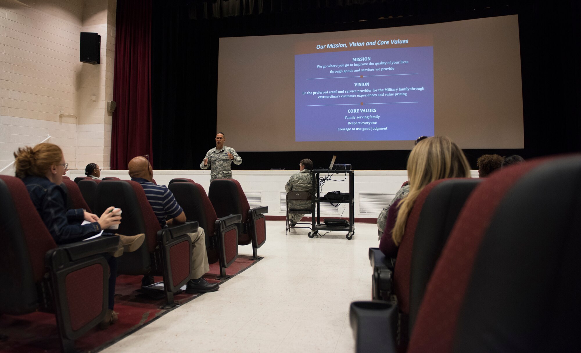 Image of Chief Master Sgt. Luis Reyes, Army and Air Force Exchange Service's senior enlisted advisor conducted a town hall meeting, Sept. 19, 2018, at Mountain Home Air Force Base, Idaho. Reyes conducted the town hall meeting to listen to concerns and to recieve feedback from Gunfighters. (U.S. Air Force photo by Senior Airman Alaysia Berry)