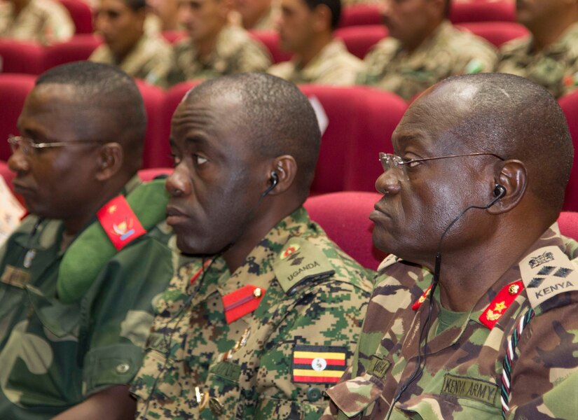 Kenyan and Ugandan military senior leaders listen attentively at the Exercise Bright Star 2018 Senior Leader Seminar at Mohamed Naguib Military Base auditorium, Sept. 17. The seminar was used as a platform the reinforce interoperability with partner nations in the surrounding regions and strengthen existing multilateral relationships.