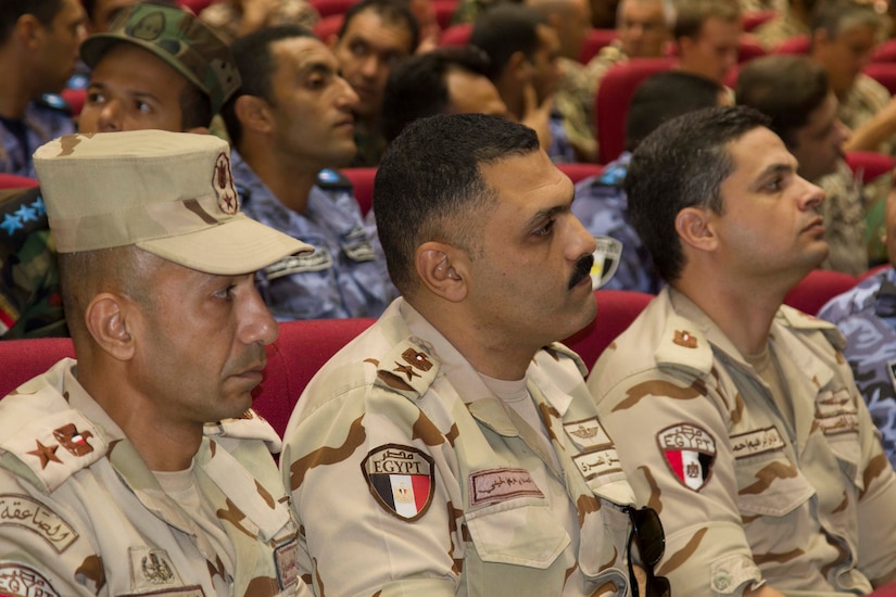Egyptian Army Soldiers listen attentively during the Exercise Bright Star 2018 Senior Leader Seminar at Mohamed Naguib Military Base auditorium, Sept. 17. The seminar was used as a platform the reinforce interoperability with partner nations in the surrounding regions and strengthen existing multilateral relationships.