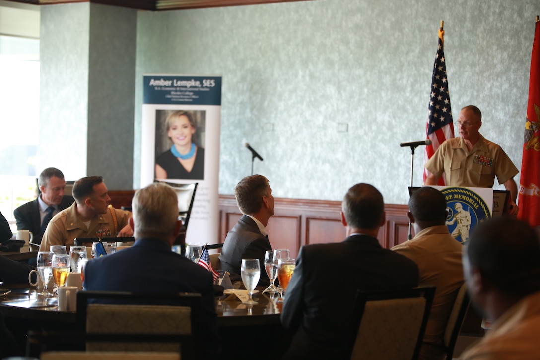 U.S. Marine Corps Forces Command, Commanding General, Lt. Gen. Mark A. Brilakis spoke as the Guest of Honor at the Seabee Memorial Scholarship Association (SMSA) event in Norfolk, Va., Sept. 20. The SMSA is the nation's only provider of scholarships for the children and grandchildren of individuals who have served with the U.S. Navy Seabees and Civil Engineer Corps. (U.S. Marine Corps imagery by Lance Cpl. Garett Burns/Released)