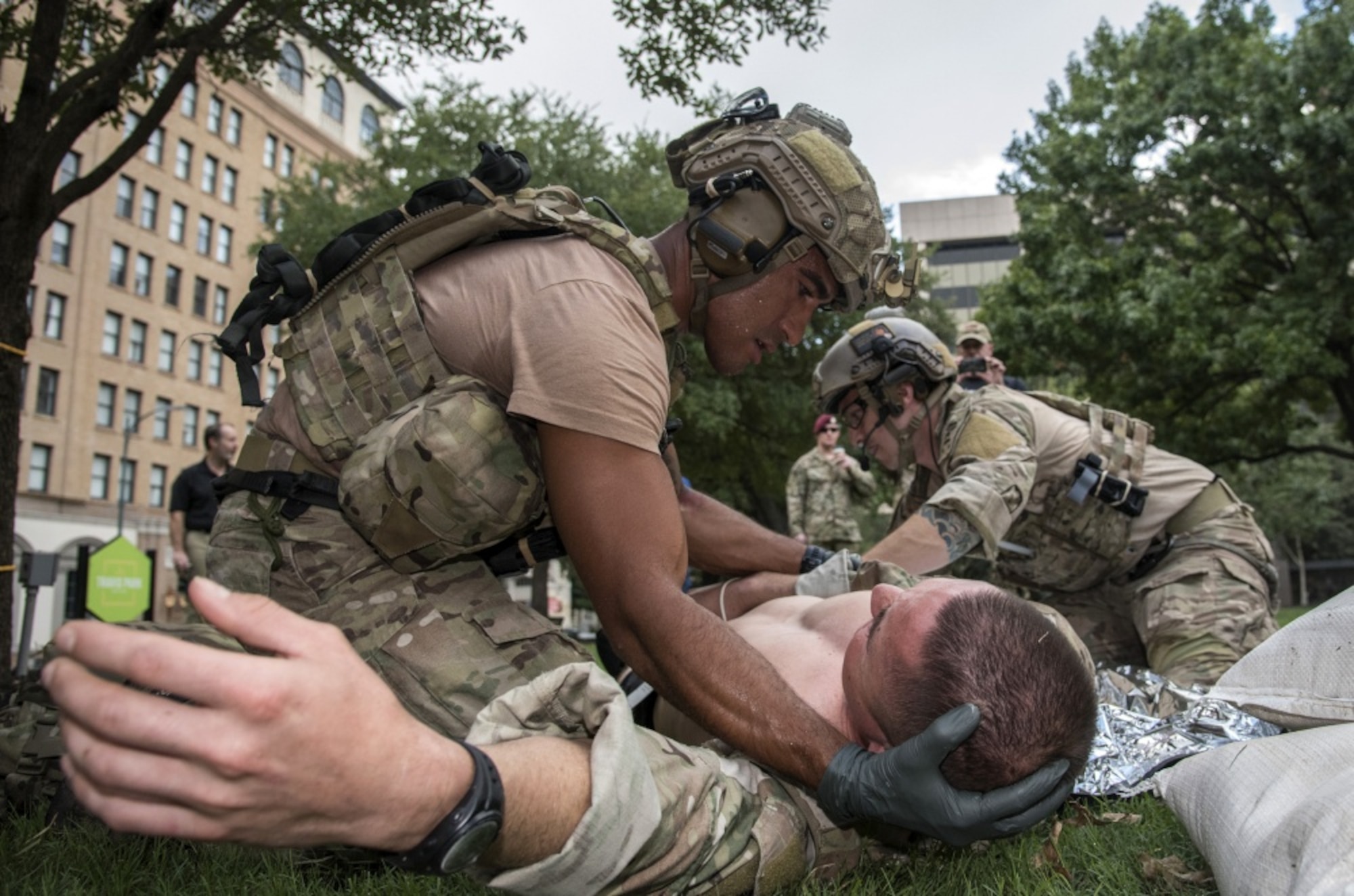 Pararescuemen perform battlefield trauma skills during the 2018 PJ Rodeo