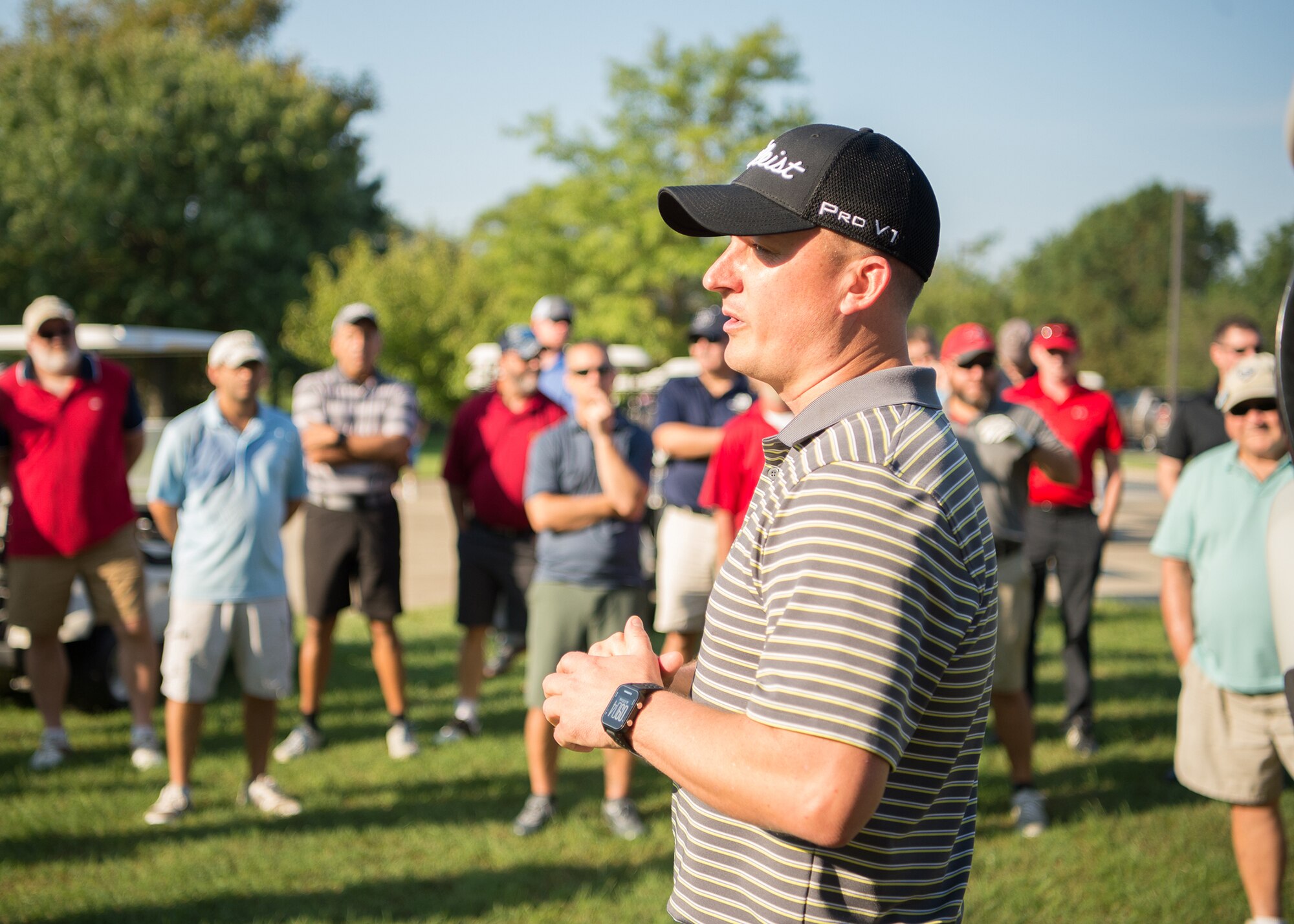 Col. Matthew Jones, 436th Airlift Wing vice commander, gives opening remarks during the Bluesuiters Golf Tournament Sept. 19, 2018, at the Eagle Creek Golf Course on Dover Air Force Base, Del. This was Jones’ first tournament since becoming wing vice commander in the summer of 2018.