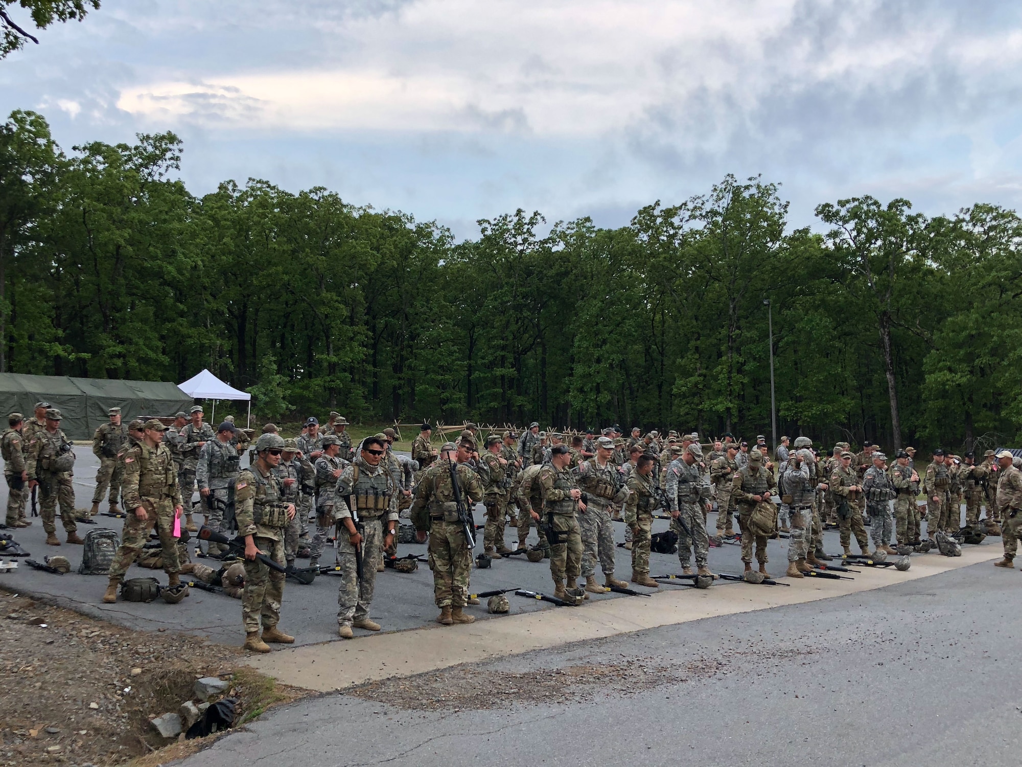 Marksmen teams wait to enter range during the  47th Annual Winston P. Wilson Championship, Robinson Maneuver Training Center, Arkansas, May 2, 2018.  The annual events, hosted by the National Guard Marksmanship Training Center April 29-May 4, 2018, offer Servicemembers from the National Guard and international community an opportunity to test marksmanship skills in a battle-focused environment. (U.S. Air National Guard photo by Staff Sgt. Hope Funderburk)