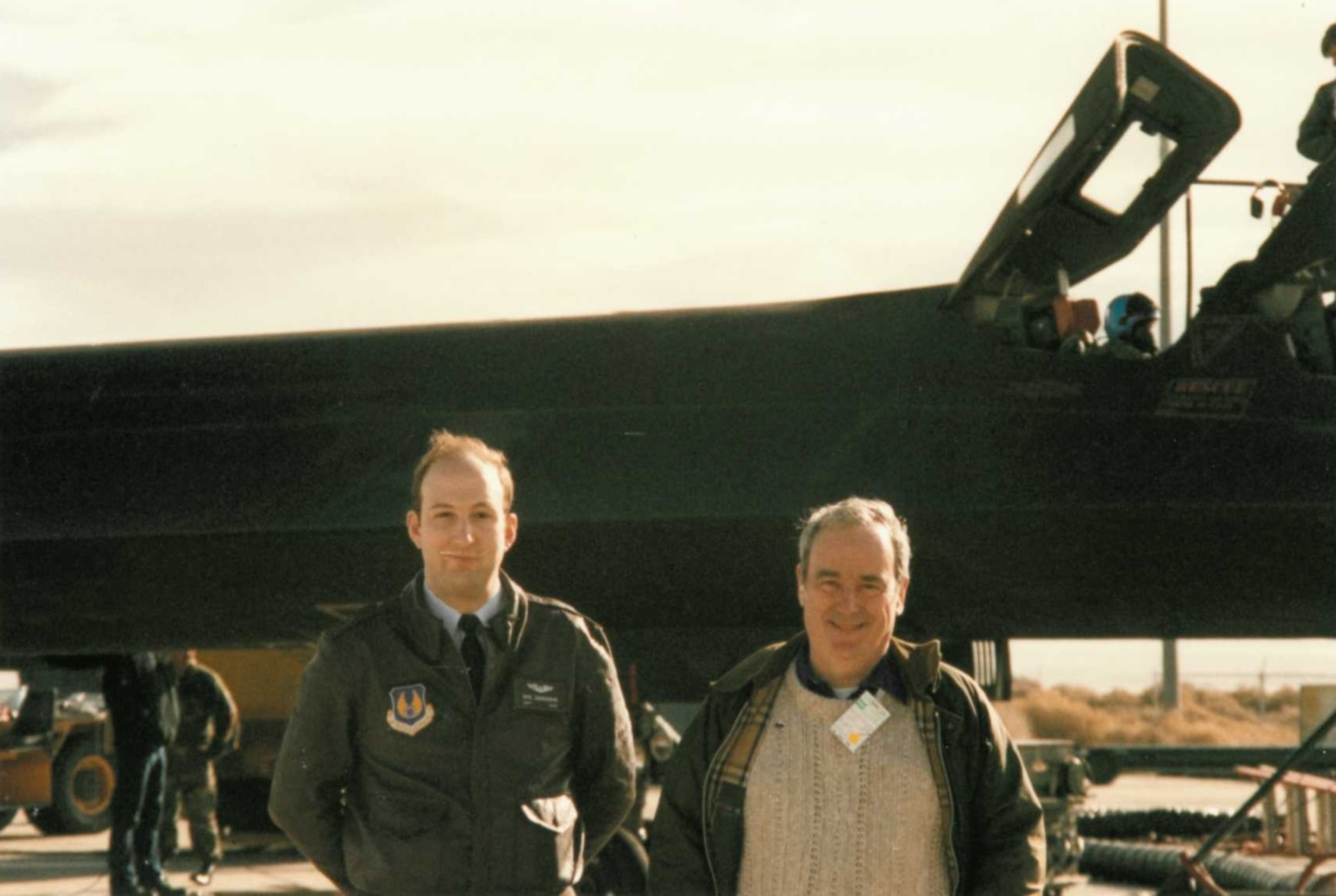 Then-Capt. William Zimmerman (left) poses with Bill Grimes in front of an SR-71 Blackbird during the aircraft’s reactivation in the mid-1990s. (Courtesy photo)