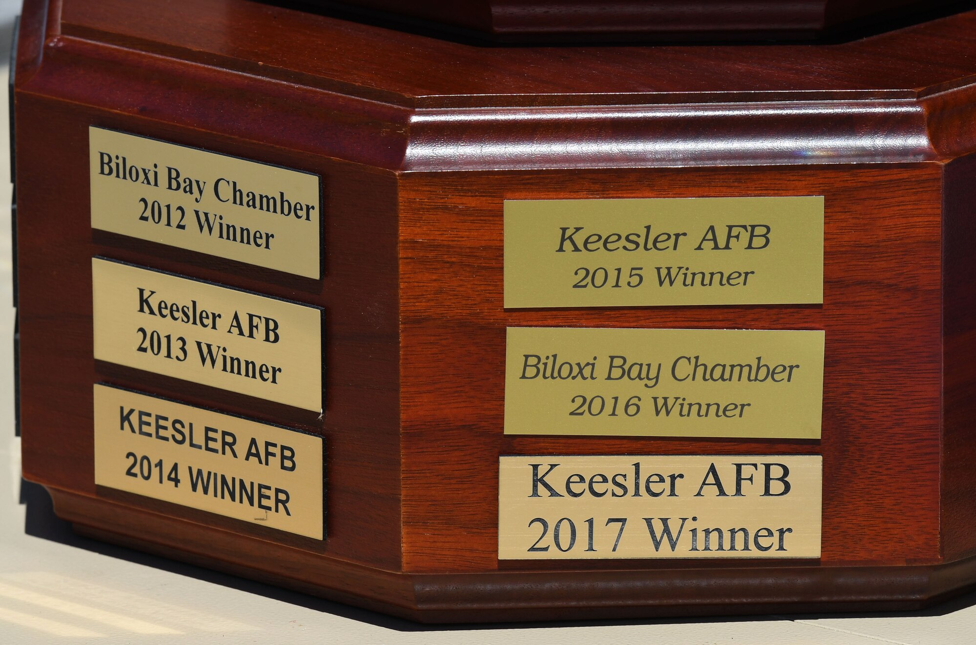 A trophy is displayed during the Don Wylie Memorial Golf Tournament at the Bay Breeze Golf Course at Keesler Air Force Base, Mississippi, Sept. 21, 2018. The Biloxi Bay Chamber of Commerce won the annual tournament, which raised funds to help the Military & Veterans Affairs committee honor military members. (U.S. Air Force photo by Kemberly Groue)