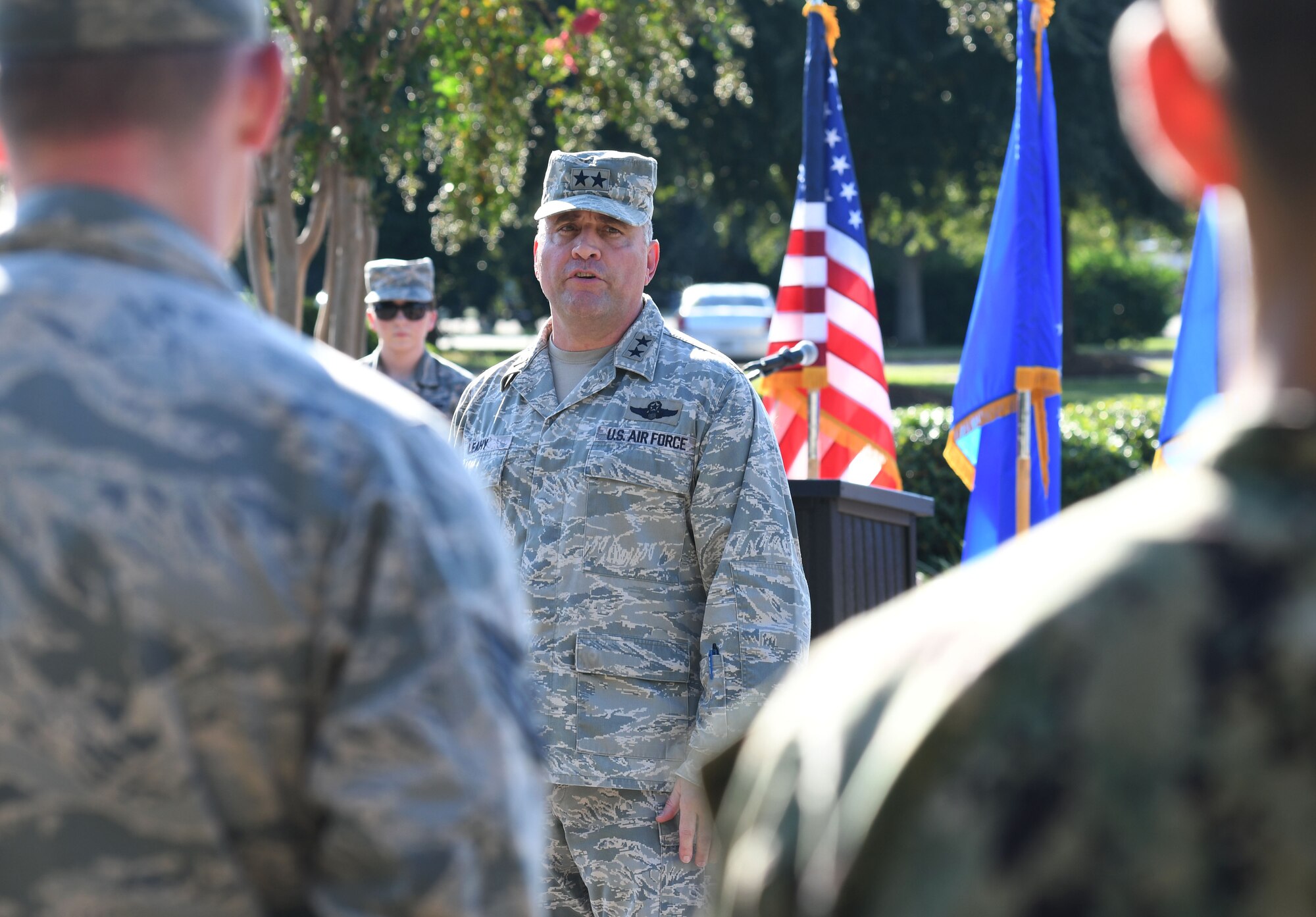 U.S. Air Force Maj. Gen. Timothy Leahy, 2nd Air Force commander, delivers remarks during the POW/MIA Retreat Ceremony at Keesler Air Force Base, Mississippi, Sept. 20, 2018. The event was held to raise awareness and to pay tribute to all prisoners of war and those military members still missing in action. (U.S. Air Force photo by Kemberly Groue)