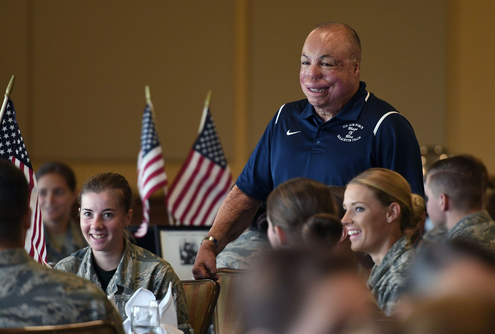 U.S. Air Force Senior Master Sgt. Israel Del Toro, 98th Flying Training Squadron accelerated freefall training program superintendent, U.S. Air Force Academy, Colorado, attends the POW/MIA Remembrance Luncheon at the Bay Breeze Event Center on Keesler Air Force Base, Mississippi, Sept. 21, 2018. The event, hosted by the Air Force Sergeants Association, was held to raise awareness and to pay tribute to all prisoners of war and those military members still missing in action. (U.S. Air Force photo by Kemberly Groue)