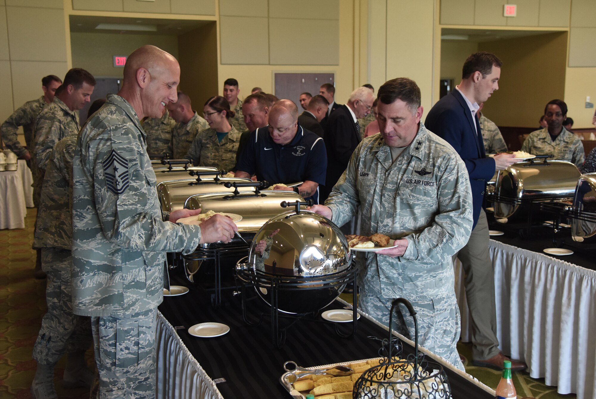 Keesler Leadership and guests attend the POW/MIA Remembrance Luncheon at the Bay Breeze Event Center at Keesler Air Force Base, Mississippi, Sept. 21, 2018. The event, hosted by the Air Force Sergeants Association, was held to raise awareness and to pay tribute to all prisoners of war and those military members still missing in action. (U.S. Air Force photo by Kemberly Groue)