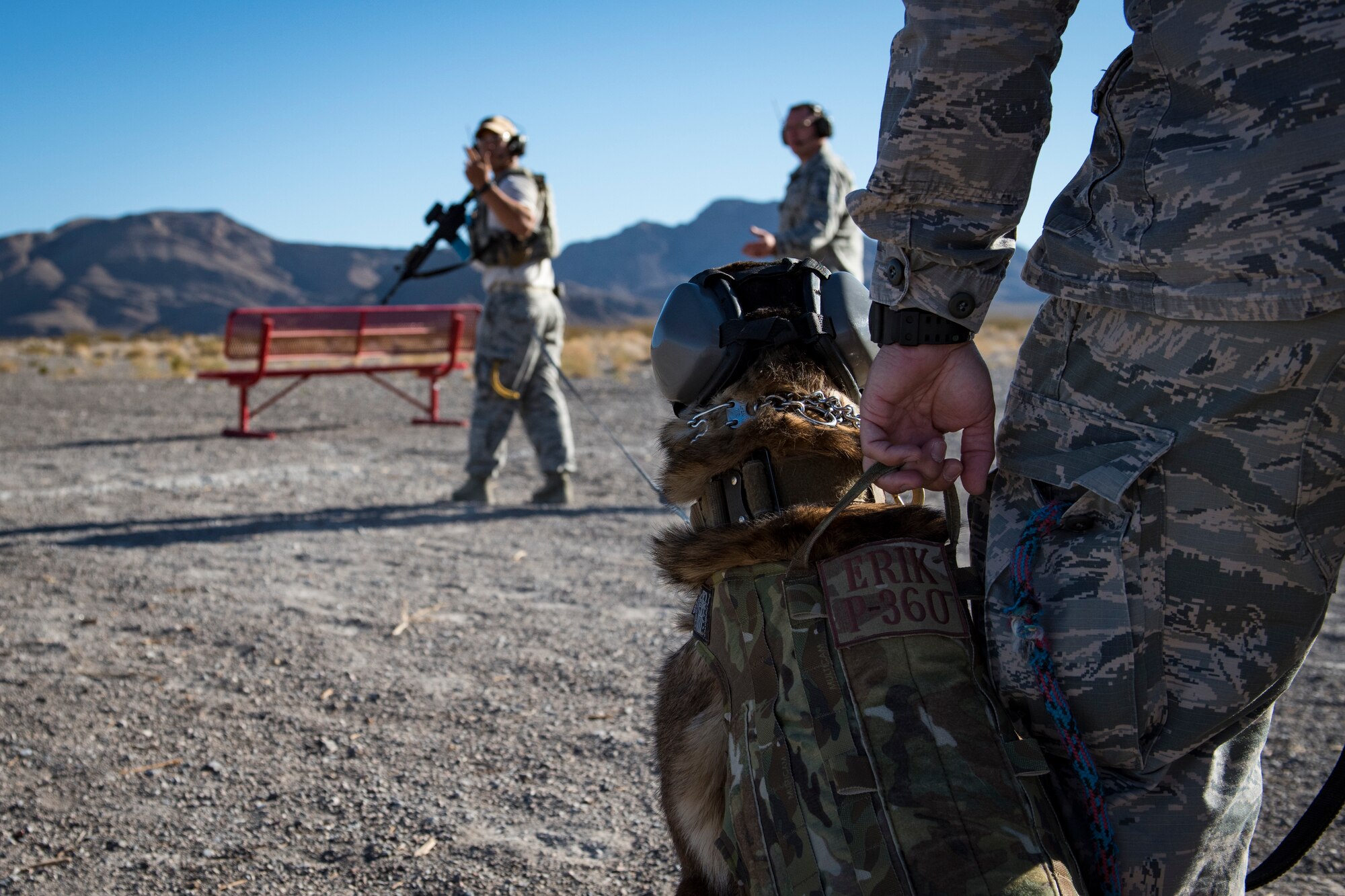 Staff Sgt. Juan Hinojosa, 99th Security Forces Squadron military working dog handler, gives a command to Erik, his military working dog, at Nellis Air Force Base, Nevada, Sept. 19, 2018. The live-fire training allowed the military working dogs to work on their combat familiarization. (U.S. Air Force photo by Airman 1st Class Andrew D. Sarver)