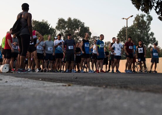 Runners line up before the start of the 39th Air Base Wing half marathon at Incirlik Air Base, Turkey, Sept. 22, 2018.