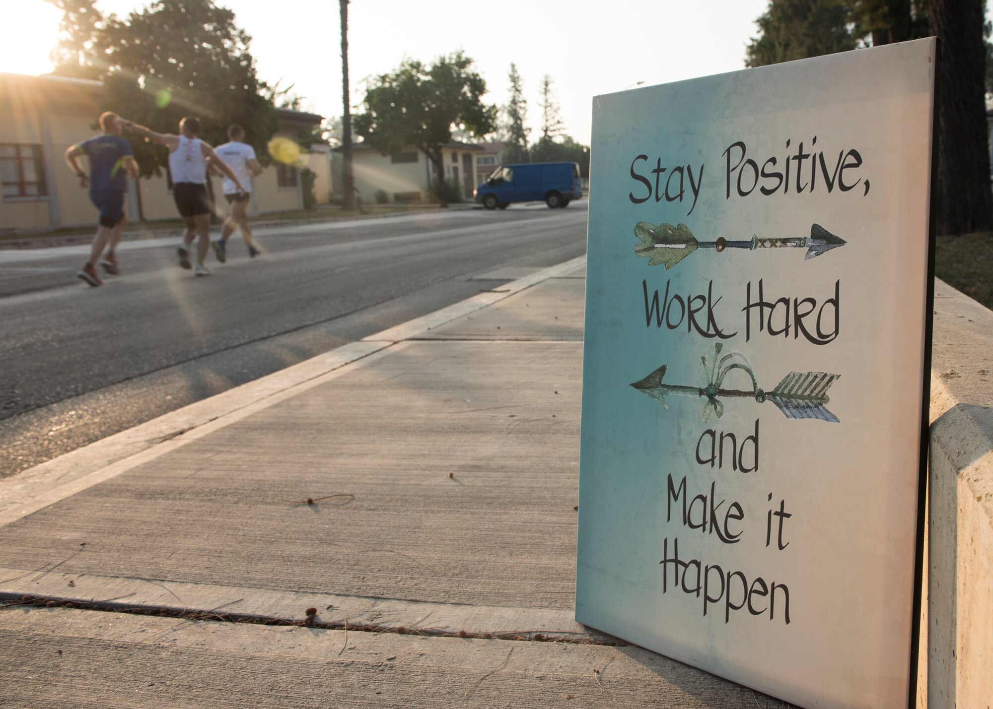Motivational signs are posted along the running trail for the 39th Air Base Wing’s half marathon trail at Incirlik Air Base, Turkey, Sept. 22, 2018.