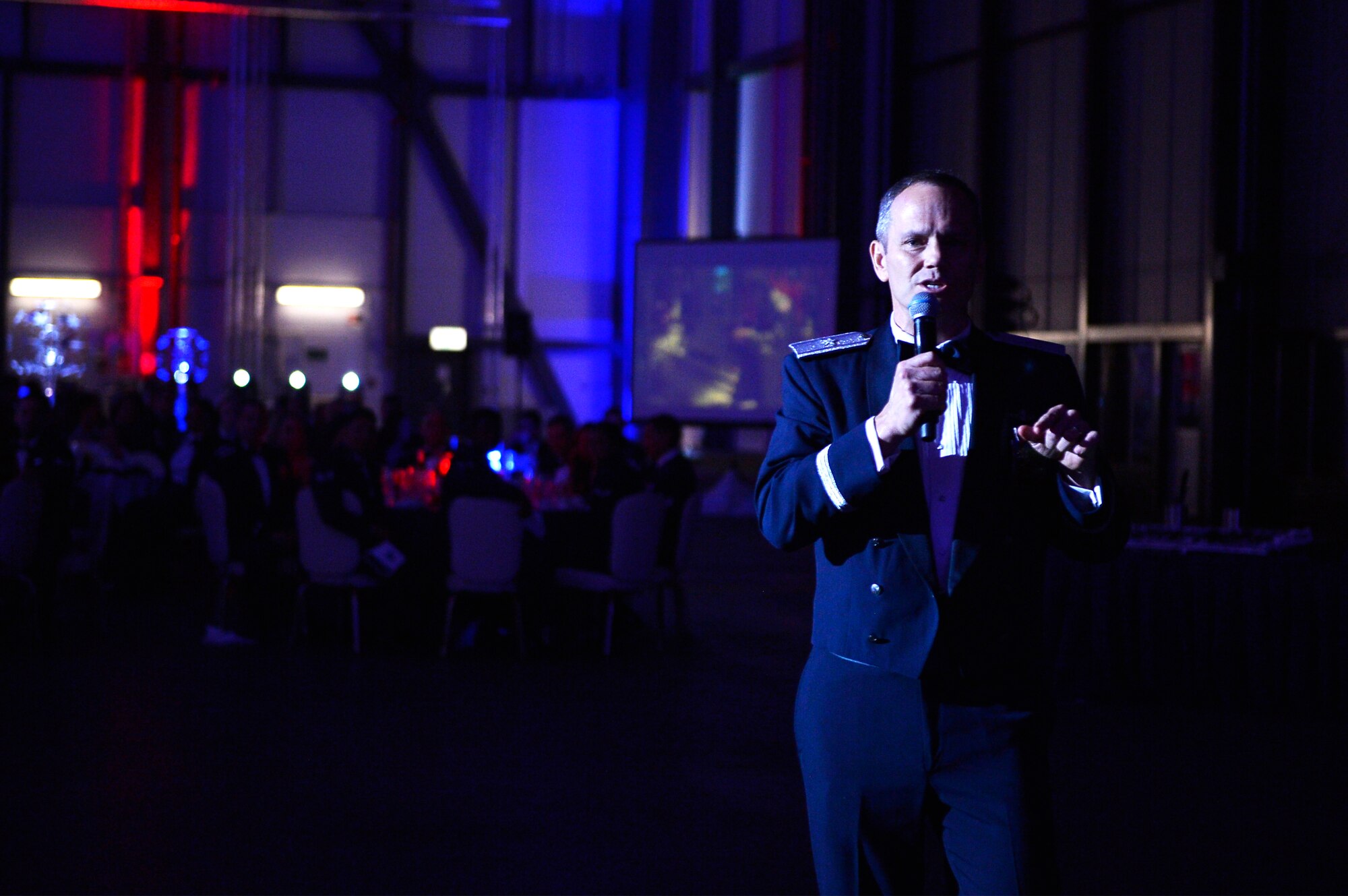 U.S. Air Force Brig. Gen. Charles S. Corcoran, U.S. Air Forces in Europe-Air Forces Africa Strategic Deterrence and Nuclear Integration director of operations, addresses attendees during an Air Force Ball celebration on Ramstein Air Base, Germany, Sept. 22, 2018. Corcoran spoke about the importance of all Airmen in mission accomplishment. (U.S. Air Force photo by Senior Airman Joshua Magbanua)