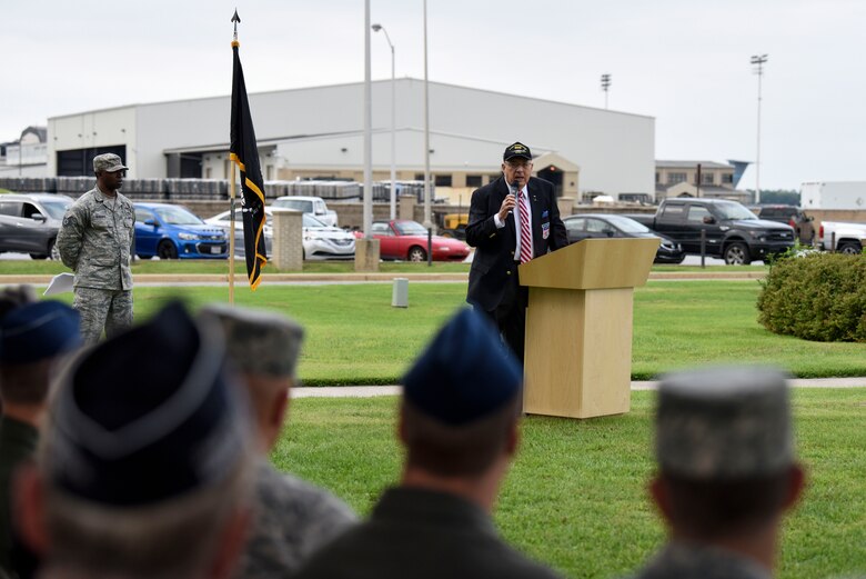Retired Air Force Col. Murphy Neal Jones, Vietnam War veteran, speaks during a POW/MIA retreat ceremony Sept. 21, 2018, at Dover Air Force Base, Del. During his address, Jones spoke about his time as a POW during the Vietnam War and the poor treatment POW’s endured. (U.S. Air Force photo by Airman 1st Class Zoe M. Wockenfuss)