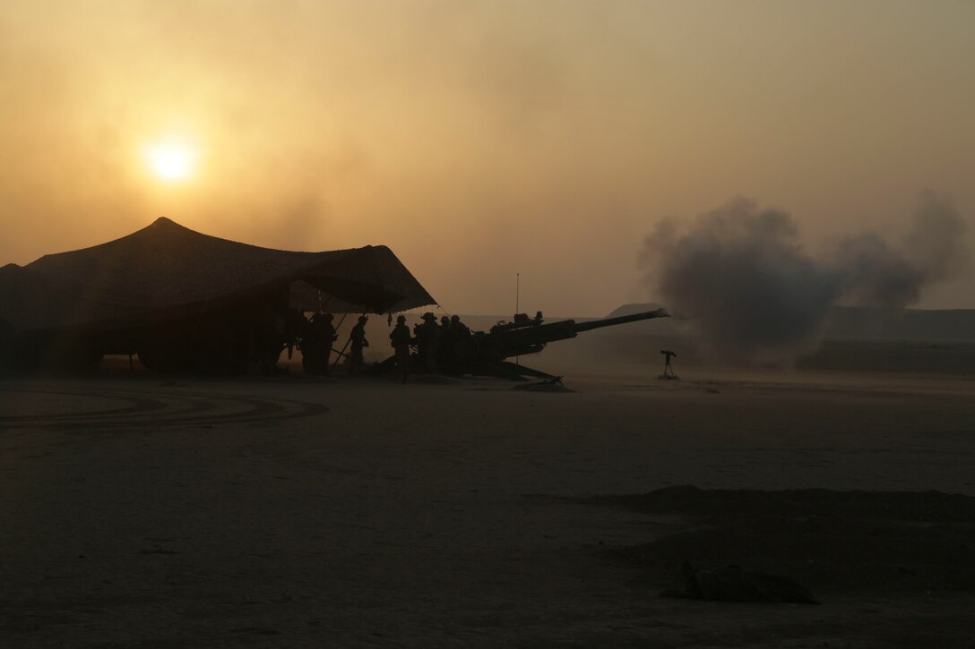 Marines assigned to the artillery detachment of Battalion Landing Team 3/1, 13th Marine Expeditionary Unit, fire an M777 155-mm Howitzer during Theater Amphibious Combat Rehearsal 18. Led by Naval Amphibious Force, Task Force 51/5th Marine Expeditionary Brigade, TACR integrates U.S. Navy and Marine Corps assets to practice and rehearse a range of critical combat-related capabilities available to U.S. Central Command, both afloat and ashore, to promote stability and security in the region. U.S. 5th Fleet and coalition assets are participating in numerous simultaneous exercises as part of the greater Theater Counter Mine and Maritime Security Exercise to ensure maritime stability and security in the U.S. Central Command area of responsibility, connecting the Mediterranean and the Pacific through the western Indian Ocean and three strategic choke points.