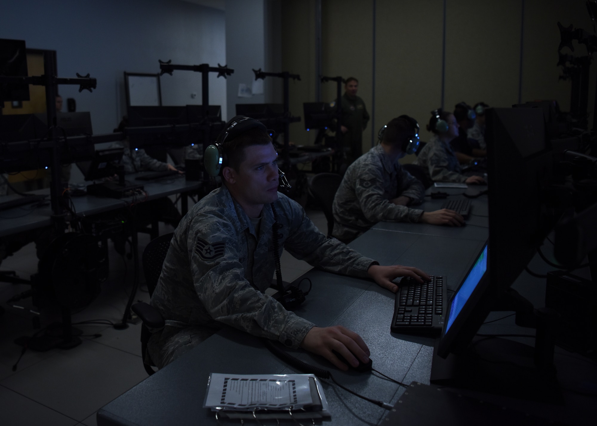 Staff Sgt. Shane Miltner, 607th Air Control Squadron weapons simulation technician, prepares the Battlespace Command and Control Center program, Sept. 21, 2018 at Luke Air Force Base, Ariz.