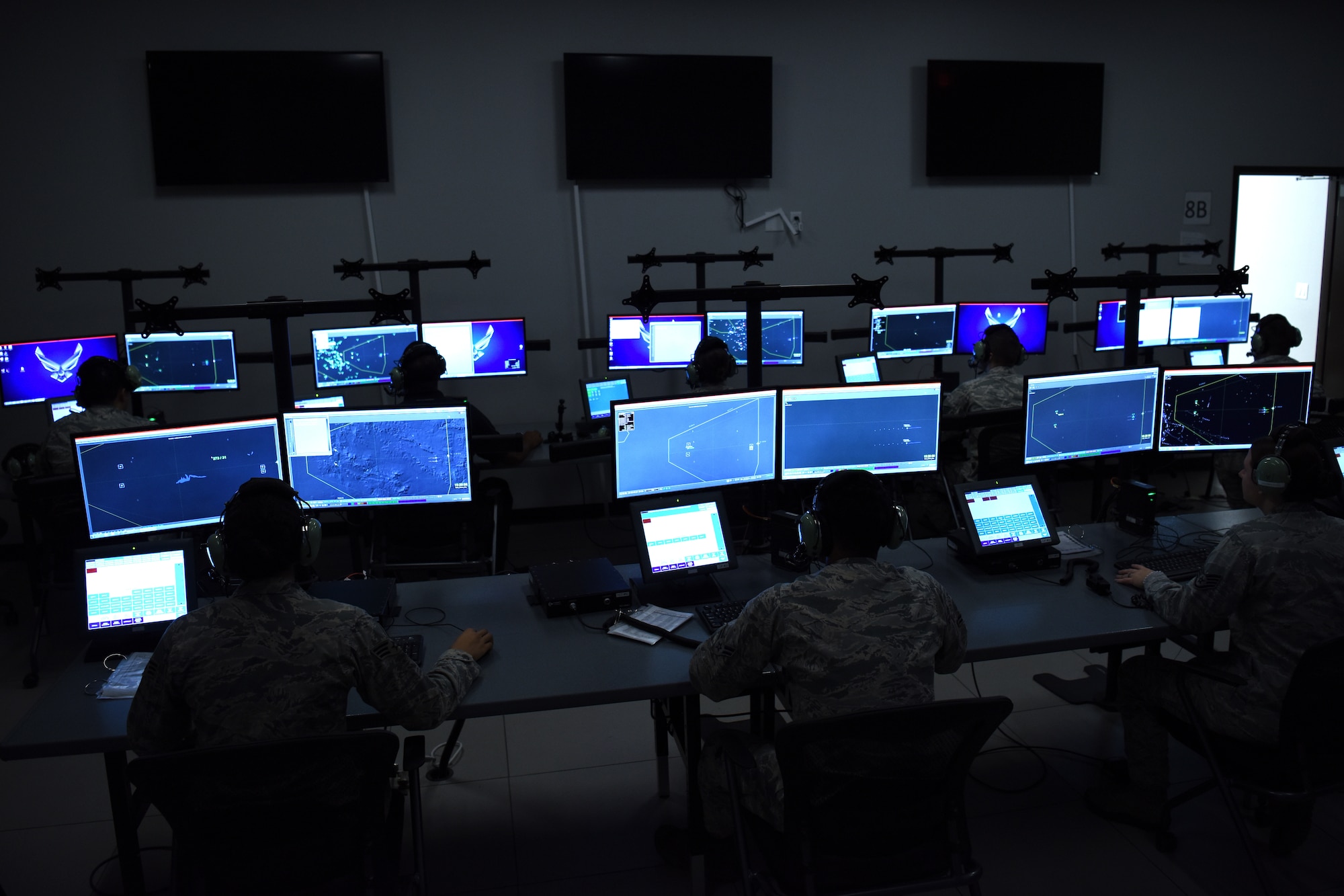 Airmen assigned to the 607th Air Control Squadron run simulations on the Battlespace Command and Control Center simulator, Sept. 21, 2018 at Luke Air Force Base, Ariz.